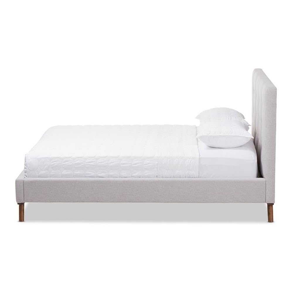 BOWERY HILL Gray Beige Upholstered Queen Size Platform Bed Frame - Modern Bedroom Furniture for Master & Guest Rooms