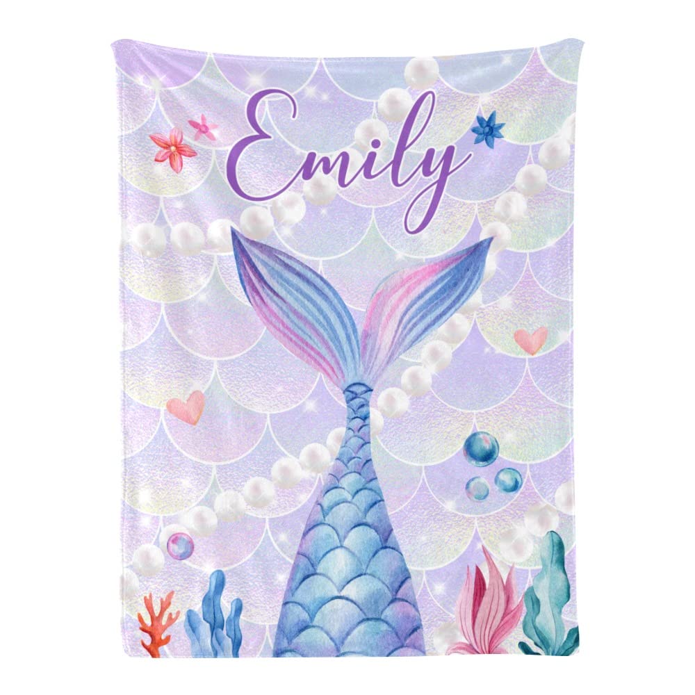 Personalized Baby Blankets with Name - Soft Flannel Mermaid Baby Blanket for Girls - Custom Baby Gifts & Newborn Receiving Blankets - Perfect for Nursery, Christening & Birthday Presents