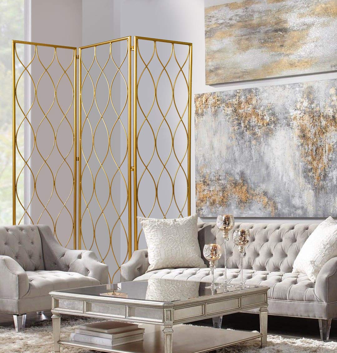 Gold Room Divider Screen SG-350 - 6-Panel Folding Privacy Partition for Home Office, Living Room, Bedroom & Studio Decor