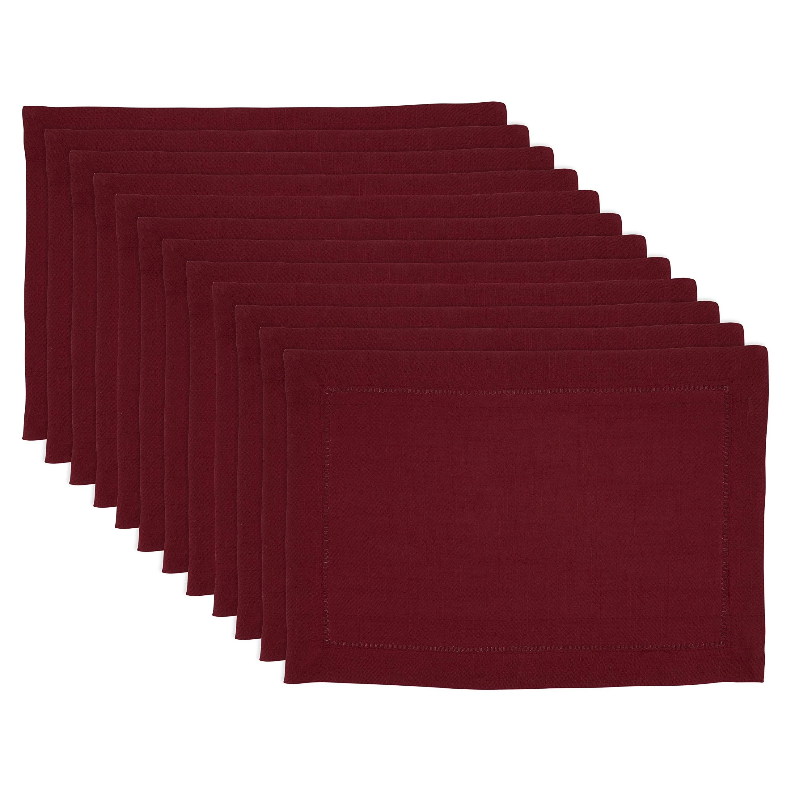 Premium Classic Hemstitch Border Placemats Set of 12 - Red Oblong Polyester Table Mats for Dining, Parties & Home Decor