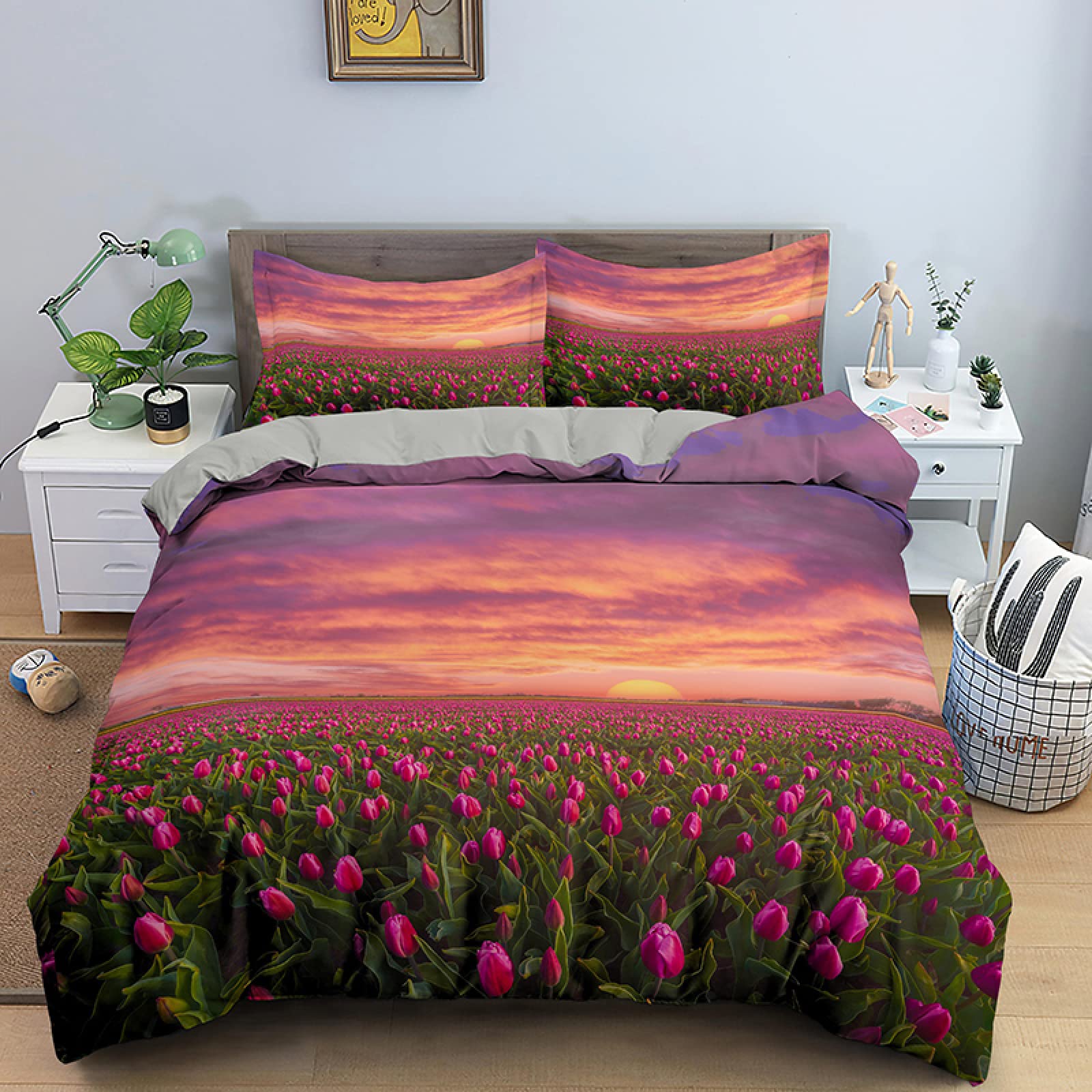 3D Printed California King Size Purple Tulips Duvet Cover Set with Zipper Closure + 2 Pillowcases (20
