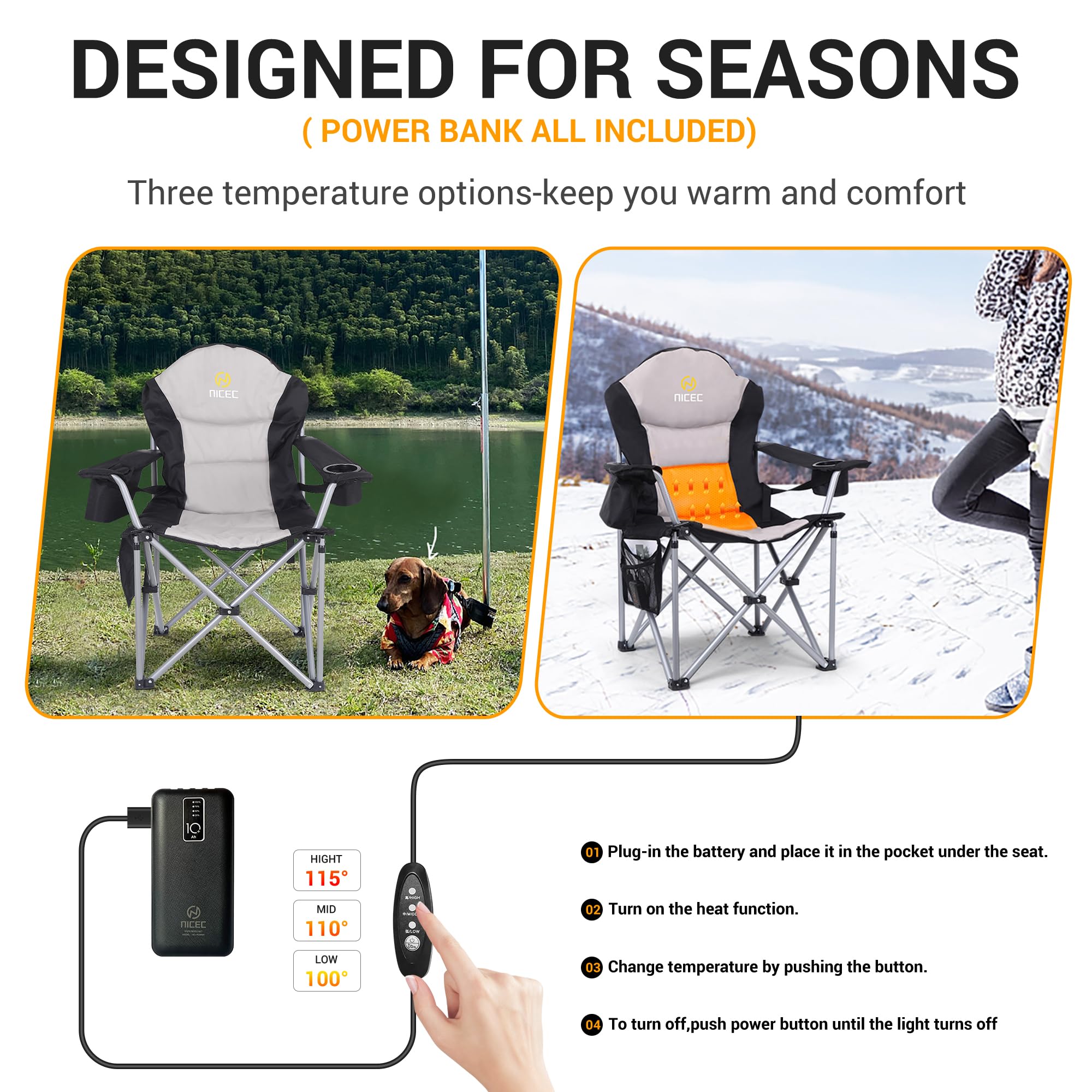Premium Outdoor Heated Chair - Portable Electric Camping Chair with Thick Padding, Heavy Duty Cooler, Carry Bag & Side Pockets - Includes 10000mAh Power Bank (2 Pack) - Perfect for Beach, Backyard, Picnics & Winter Camping