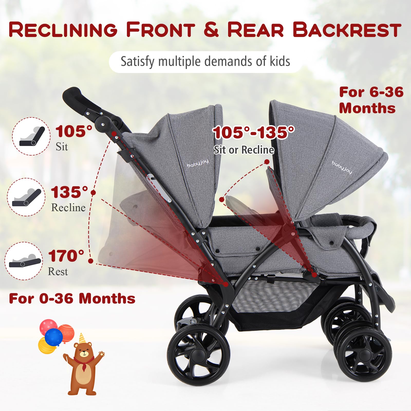 HONEY JOY Double Stroller - Lightweight Foldable Tandem Twin Stroller for Newborns & Toddlers with 5-Point Safety Harness, Reclining Seats & Storage Basket | Perfect for Twins, Siblings or Daycare Use (Gray)