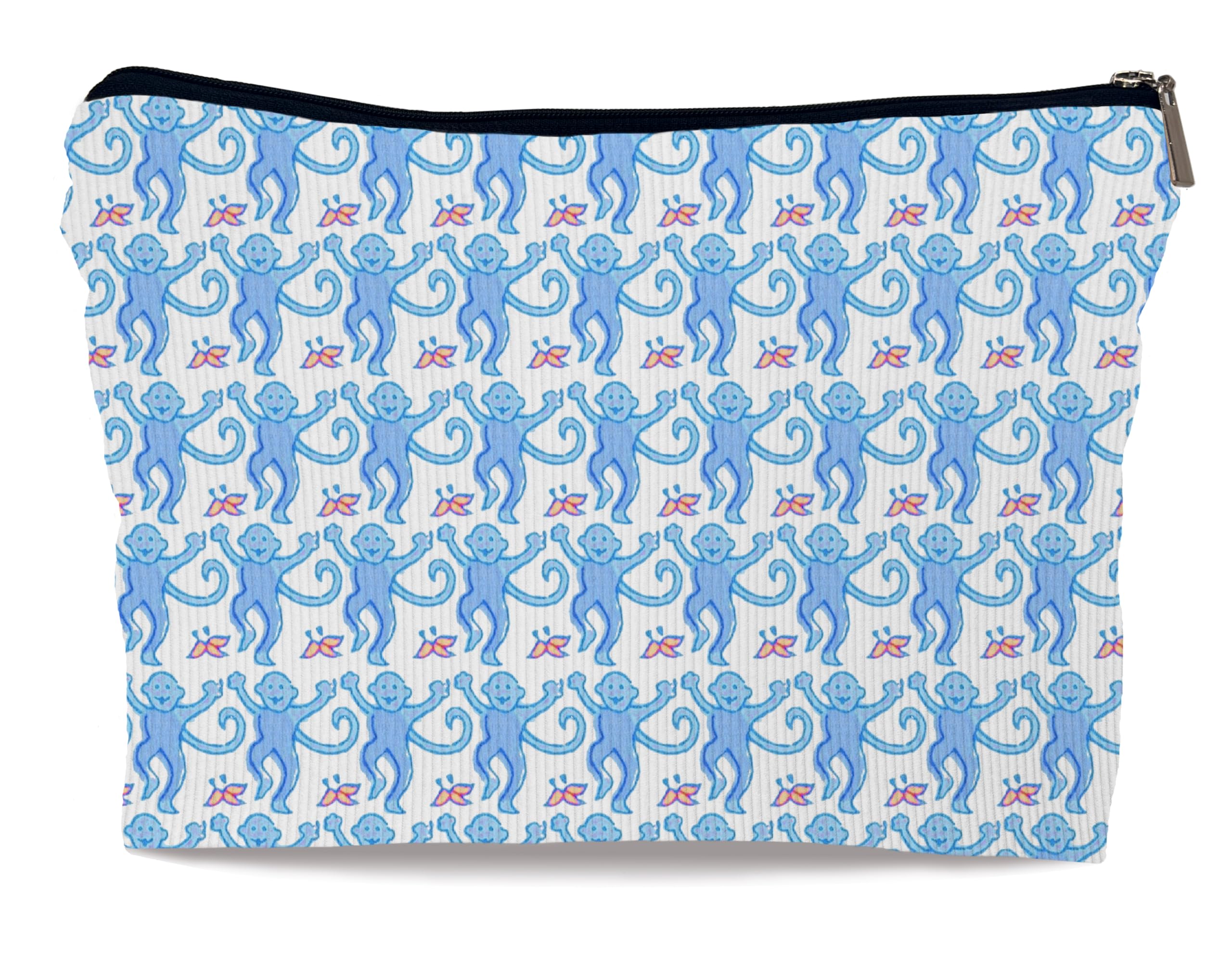 Stylish Preppy Corduroy Makeup Bag for Women | Pink & Blue Zippered Travel Toiletry Pouch | Perfect Gift for Teen Girls & Monkey Lovers | Ideal for Travel, Daily Use & Cosmetics Storage