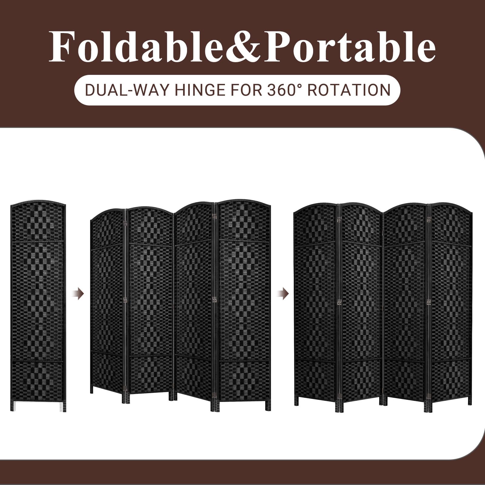 4-Panel Folding Room Divider Privacy Screen - 6ft Tall, 16in Wide Temporary Wall Partition for Home & Office - Black Space Separation Panel for Bedroom, Living Room, or Workspace