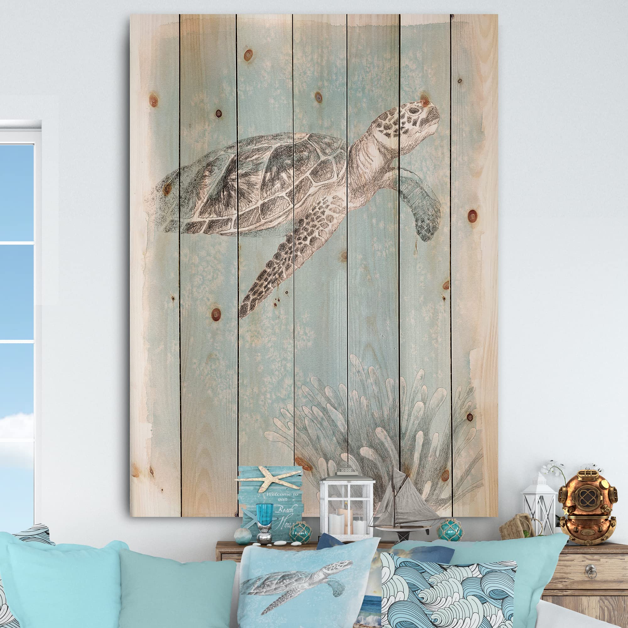 Coastal Turtle Wood Wall Art - Nautical Decor for Beach House