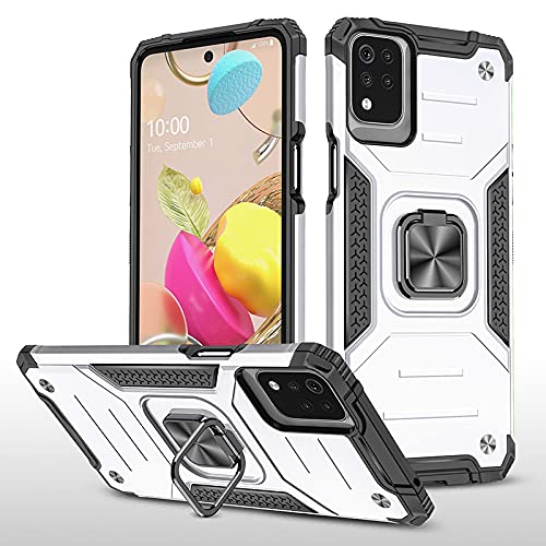 Military Grade Shockproof Phone Case for LG K52/53 - Heavy Duty Armor Protection with Magnetic Car Mount & Kickstand | Rugged Bumper Cover for Outdoor, Work, and Travel (Silver)