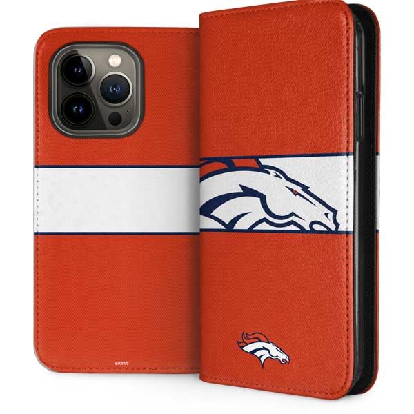 Official NFL Denver Broncos Zone Block Design Phone Case for iPhone 15 Pro - Durable Protective Folio Cover with Card Slots - Perfect for Football Games, Travel & Everyday Use