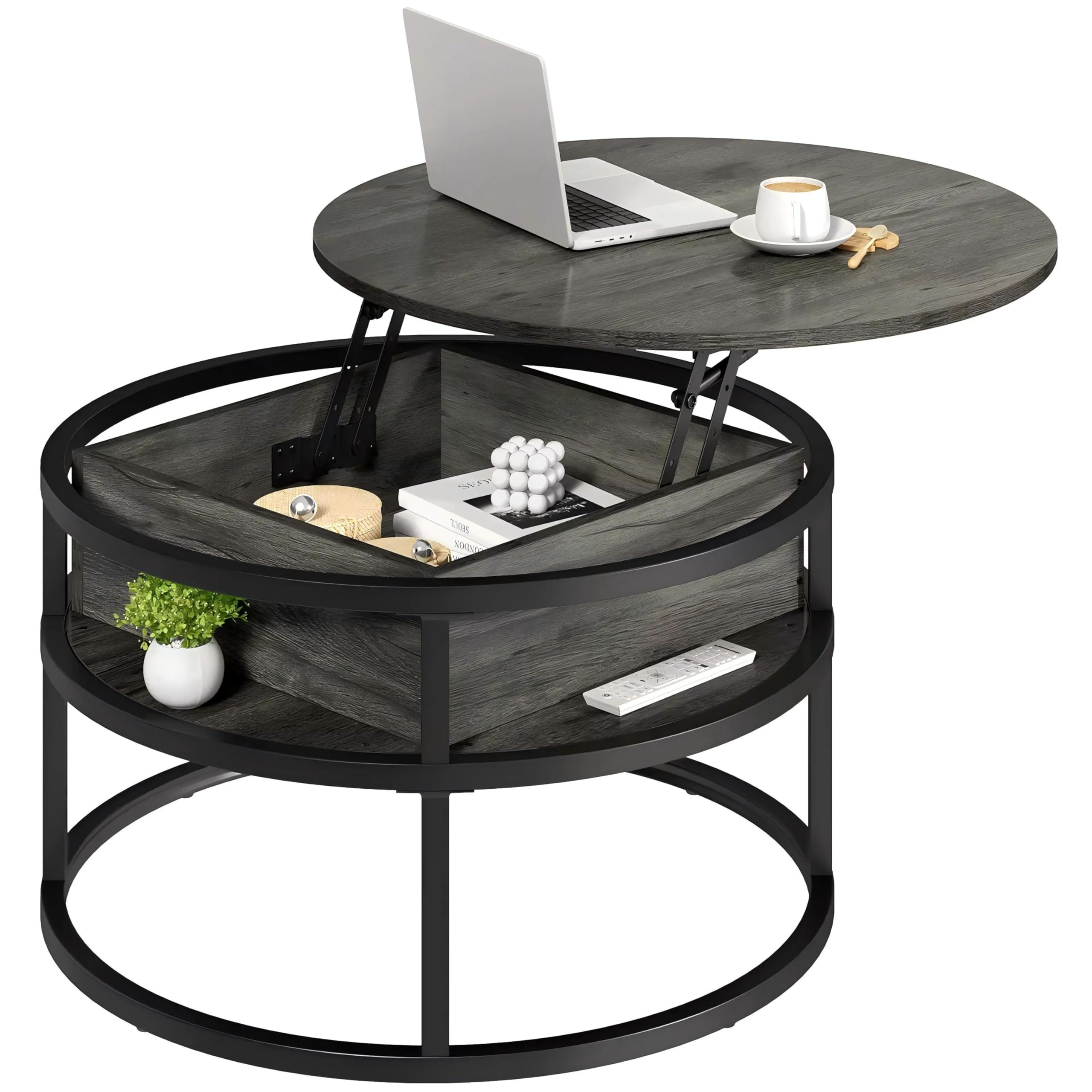 Round Lift Top Coffee Table with Hidden Storage - Modern Farmhouse Wood Center Table for Living Room - Perfect for Small Spaces, Home Decor & Entertaining Guests
