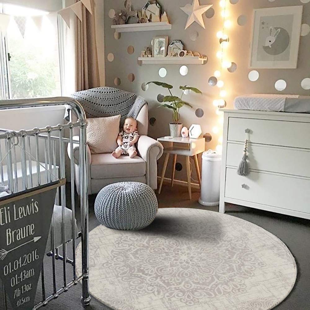 Lahome Medallion Round Rug 4ft - Washable Non-Slip Circle Area Rug for Entryway, Bathroom, Office, Bedroom & Laundry Room - Ultra-Thin Gray Accent Throw Rug - Perfect for High-Traffic Areas & Cozy Home Decor