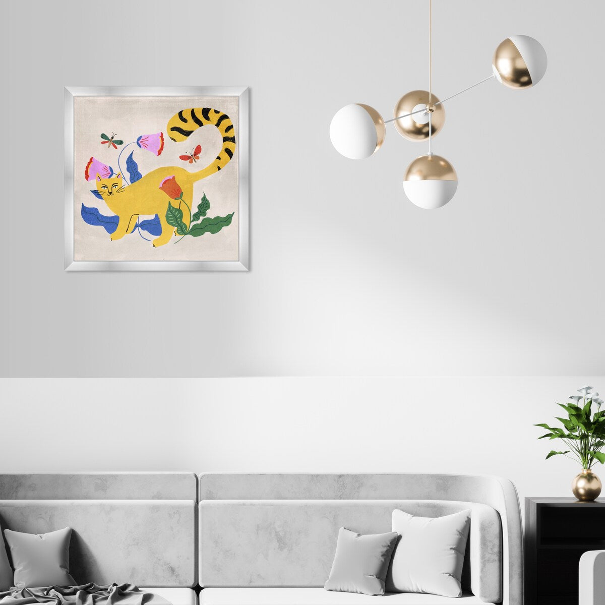 Blonde Tabby Floral Kitten Butterfly Garden Modern Yellow Framed Wall Art Print - Perfect for Bedroom, Nursery & Home Decor