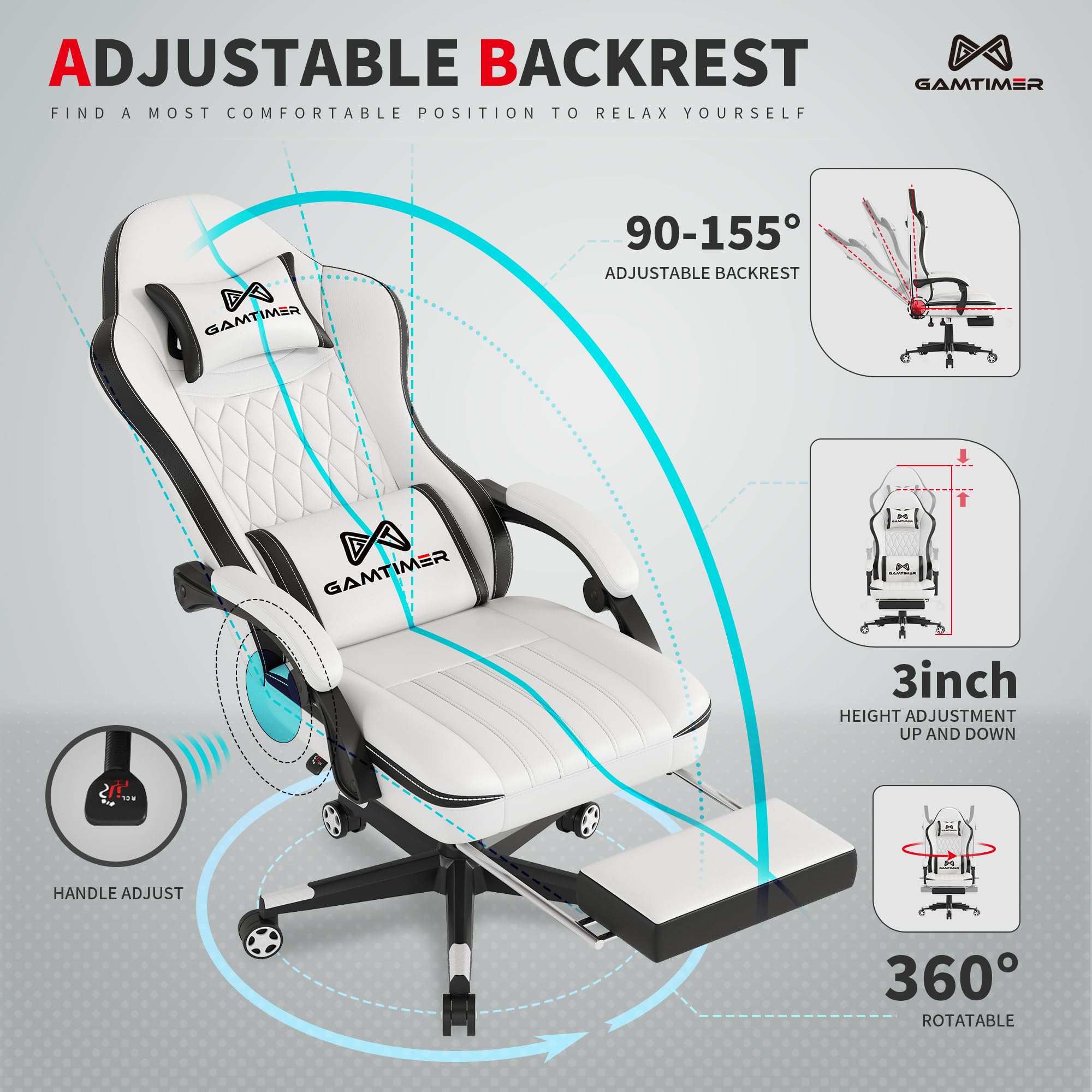 Ergonomic Gaming Chair with Adjustable Footrest & Lumbar Support - Breathable PU Leather Computer Desk Chair with Headrest - Comfortable Office & Video Game Chair for Adults & Gamers (White) - Perfect for Esports, Streaming & Home Office Workspace