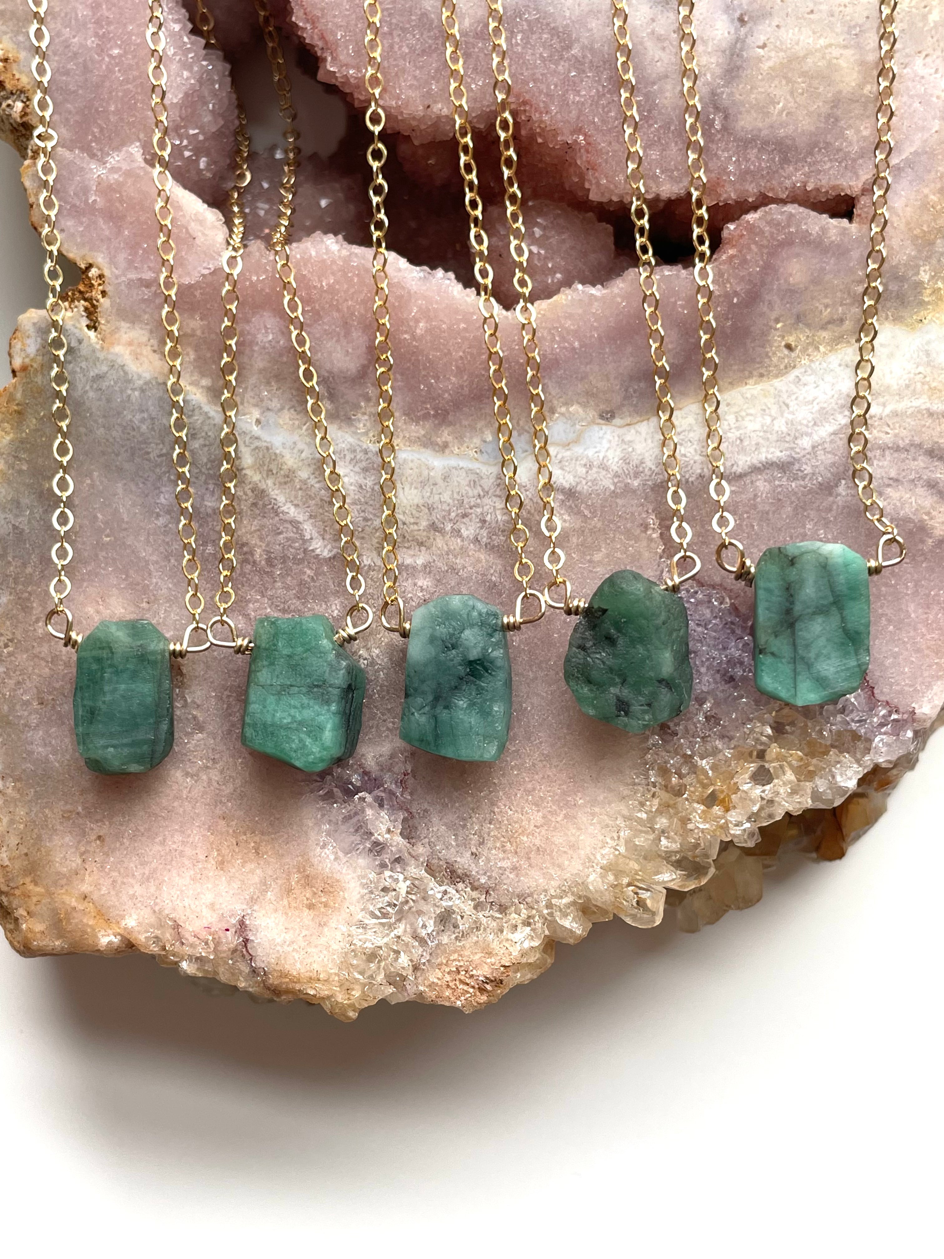 Natural Raw Emerald Pendant Necklace - 14K Gold Filled or 925 Sterling Silver Chain - Boho Chic Jewelry for Women, Gift for Her, Birthday & Anniversary Present