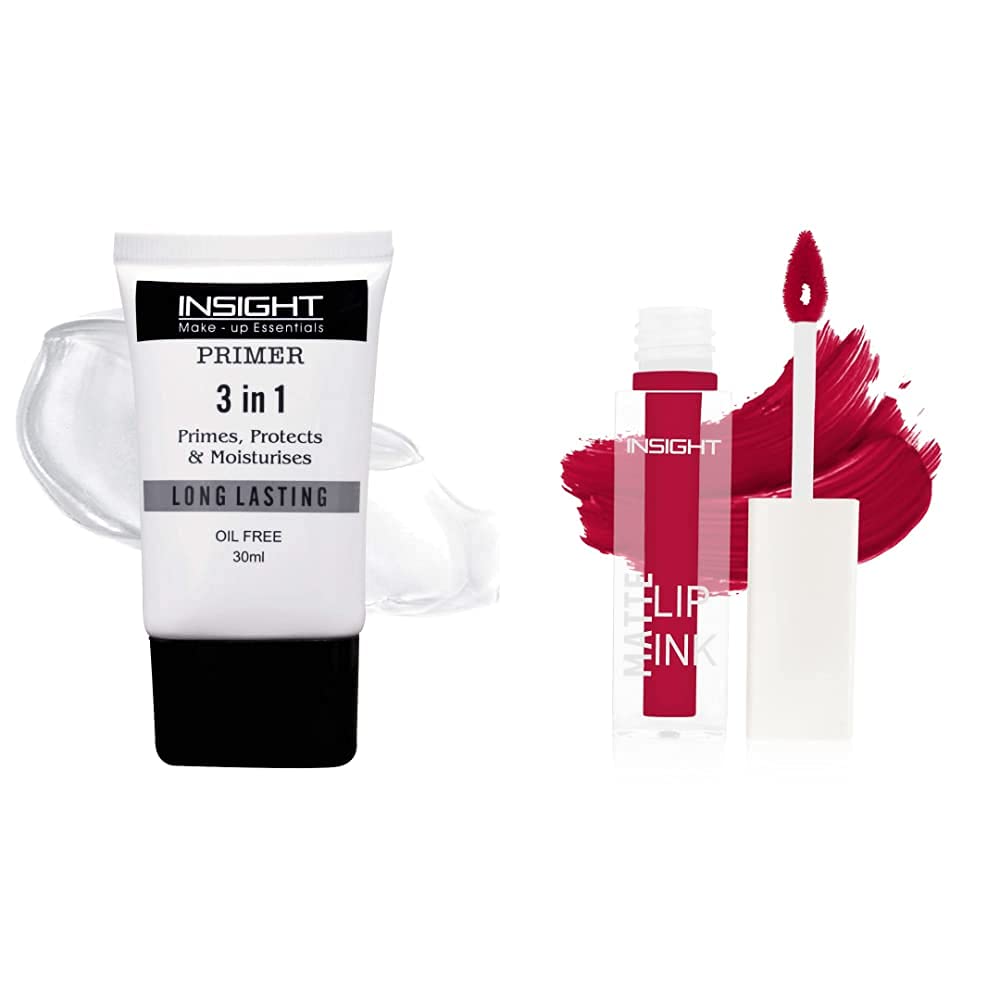 INSIGHT Primer | 3 In 1 Oil Free Face Primer & INSIGHT COSMETICS MATTE LIP INK (LG43-24) - Long Lasting Makeup Base & Velvet Liquid Lipstick for Flawless Matte Look | Perfect for Daily Wear, Special Occasions & Photo Shoots