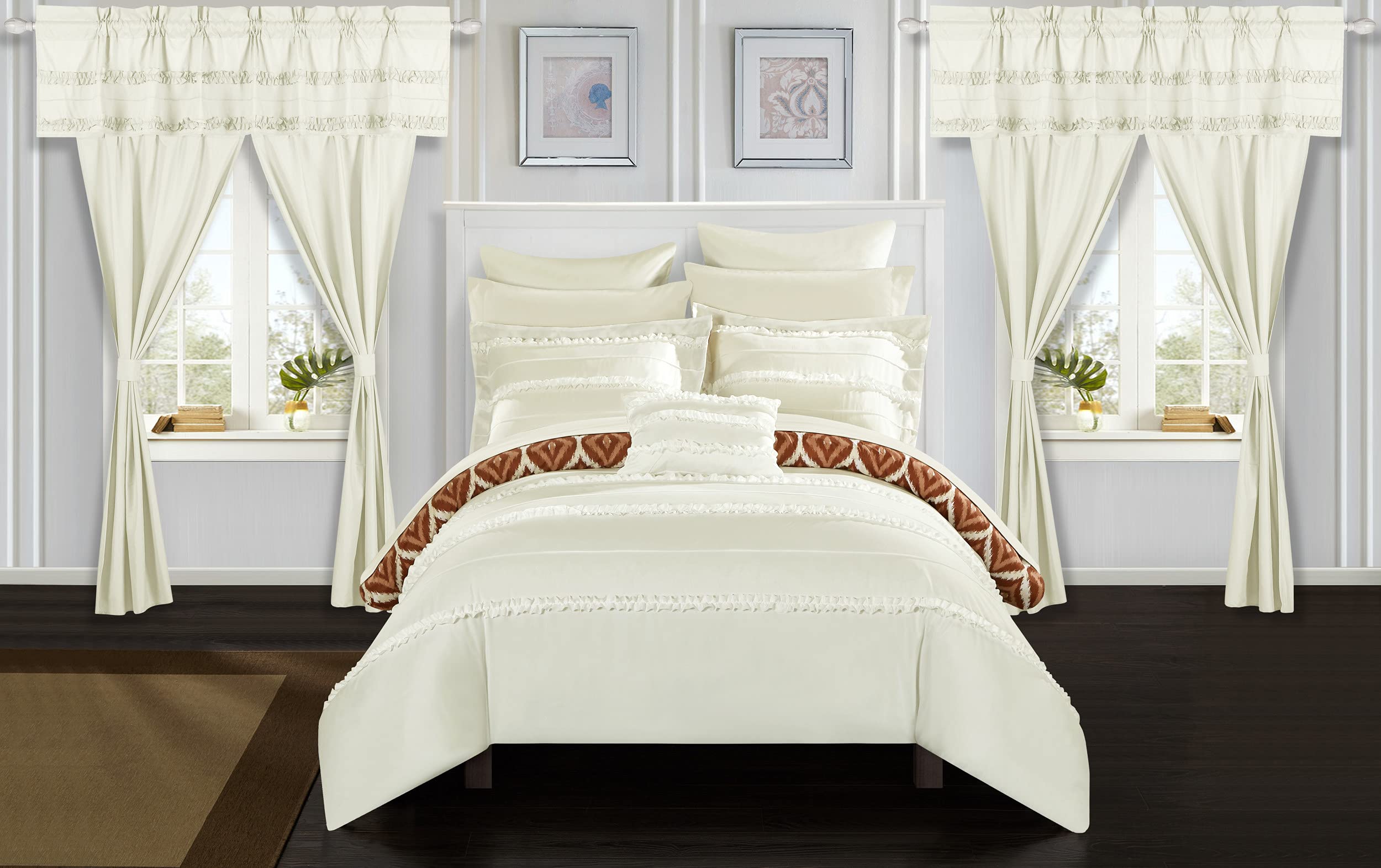 Chic Adina Queen Size Beige Bedding Set - Soft Luxury Bed Sheets & Comforter for Master Bedroom, Guest Room, and Dorm Decor
