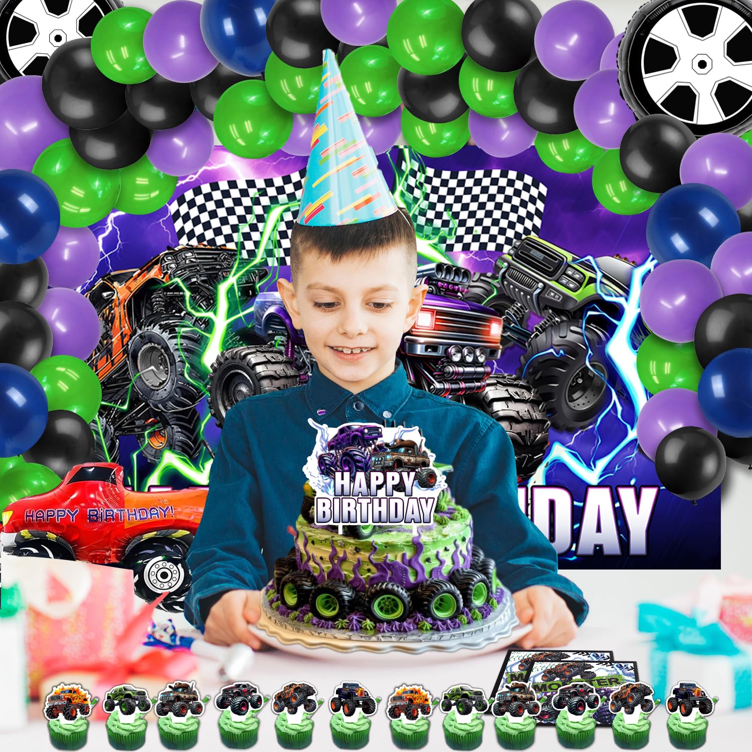 150Pcs Monster Truck Birthday Party Decorations Set - Includes Balloon Arch, Backdrop, Cake Toppers, Tableware & Tablecloth - Perfect for Kids Birthday, Themed Parties & Truck Lover Celebrations