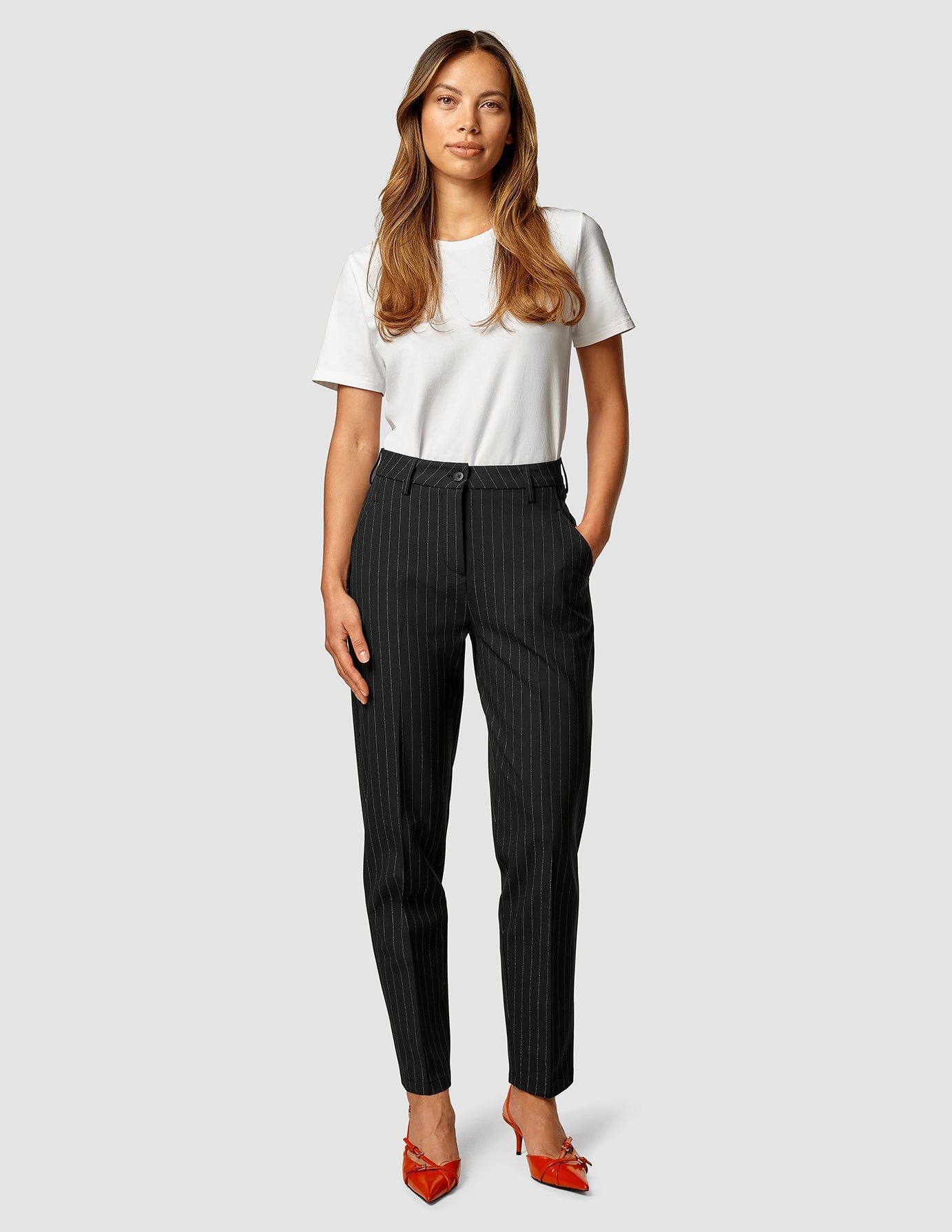 Essential Tapered Pants for Men - Black with Silver Pinstripe | Slim Fit Dress Pants for Office, Business & Formal Occasions