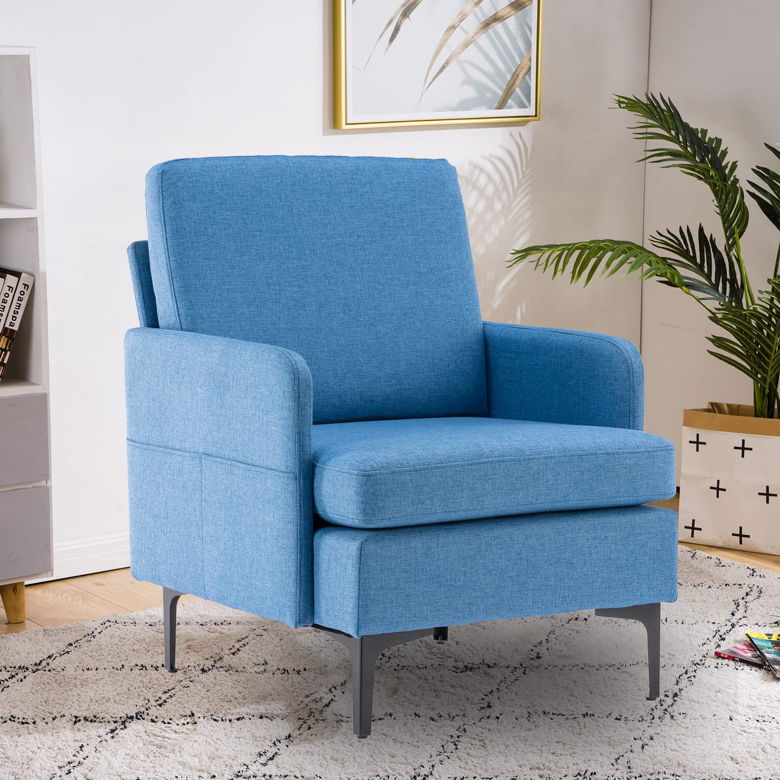 HomVent Upholstered Armchair with Slope Back & Black Metal Legs - Linen Fabric Living Room Chair with Padded Seat Cushion - Perfect for Lounge, Reading Nook & Home Office Decor