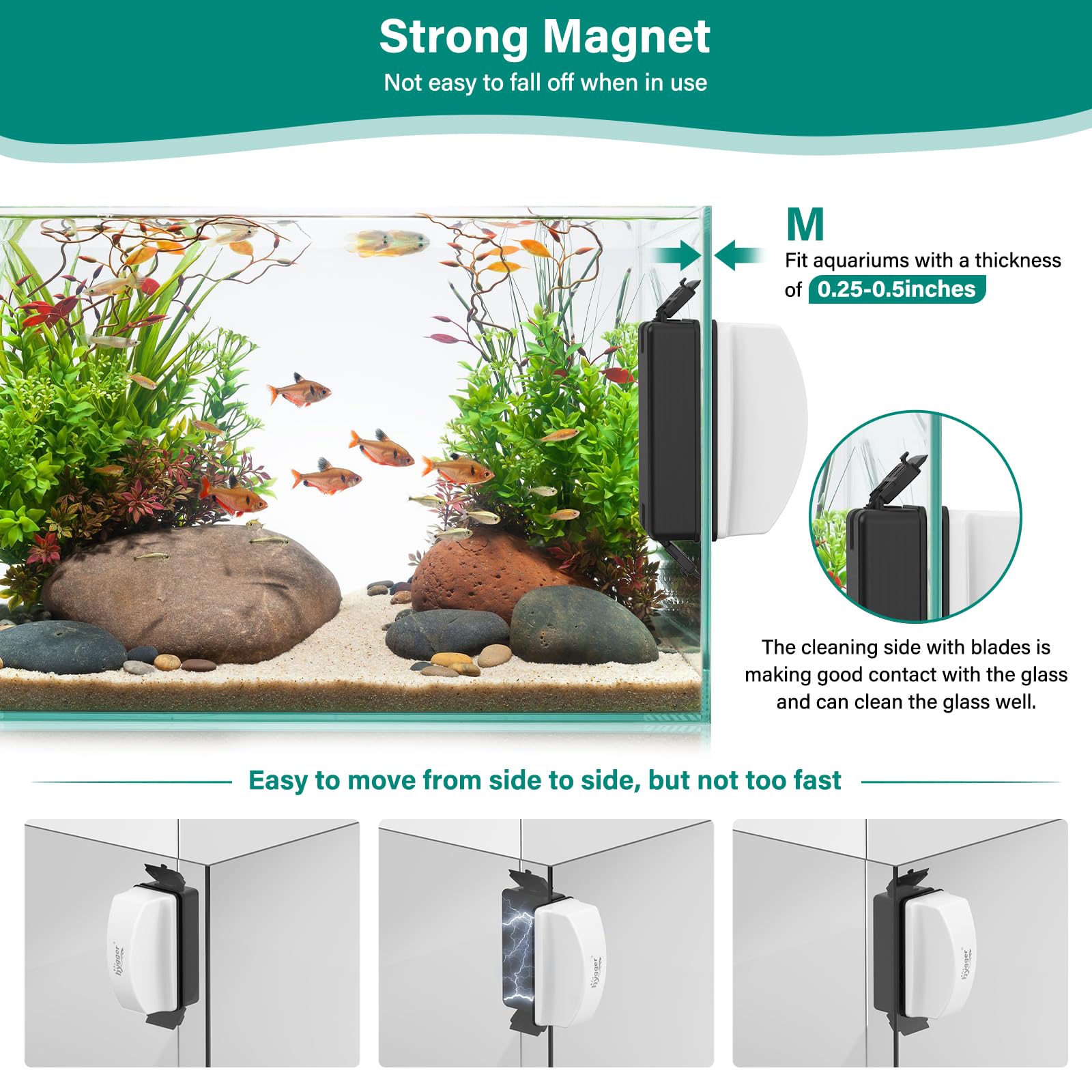 Hygger Magnetic Aquarium Glass Cleaner - Dual-Blade Algae Scrubber with 4 Detachable Scrapers for Fish Tank Cleaning | Floating Magnet Cleaner for Glass Aquariums (Medium) | Perfect for Freshwater & Saltwater Tanks, Home or Office Aquarium Maintenance