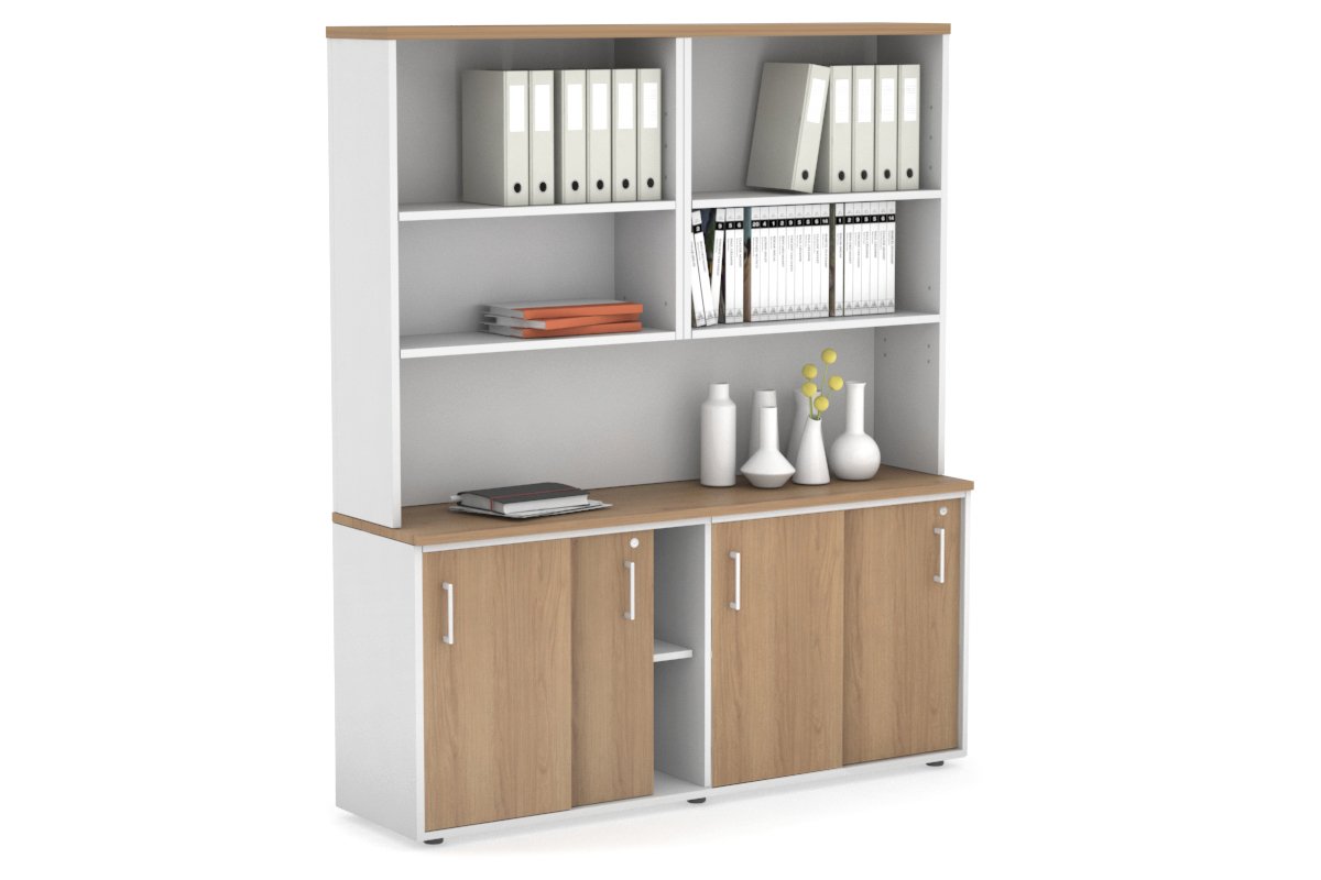 Modern White Sliding Door Credenza with Open Hutch - 1600W x 750H x 450D - Perfect for Home Office, Living Room & Bedroom Storage Organization