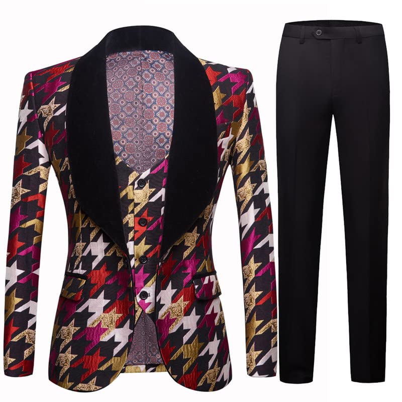 Men's 3-Piece Houndstooth Suit Set - Single Breasted Plaid Jacket, Vest & Pants - Formal & Business Attire for Weddings, Office & Special Occasions
