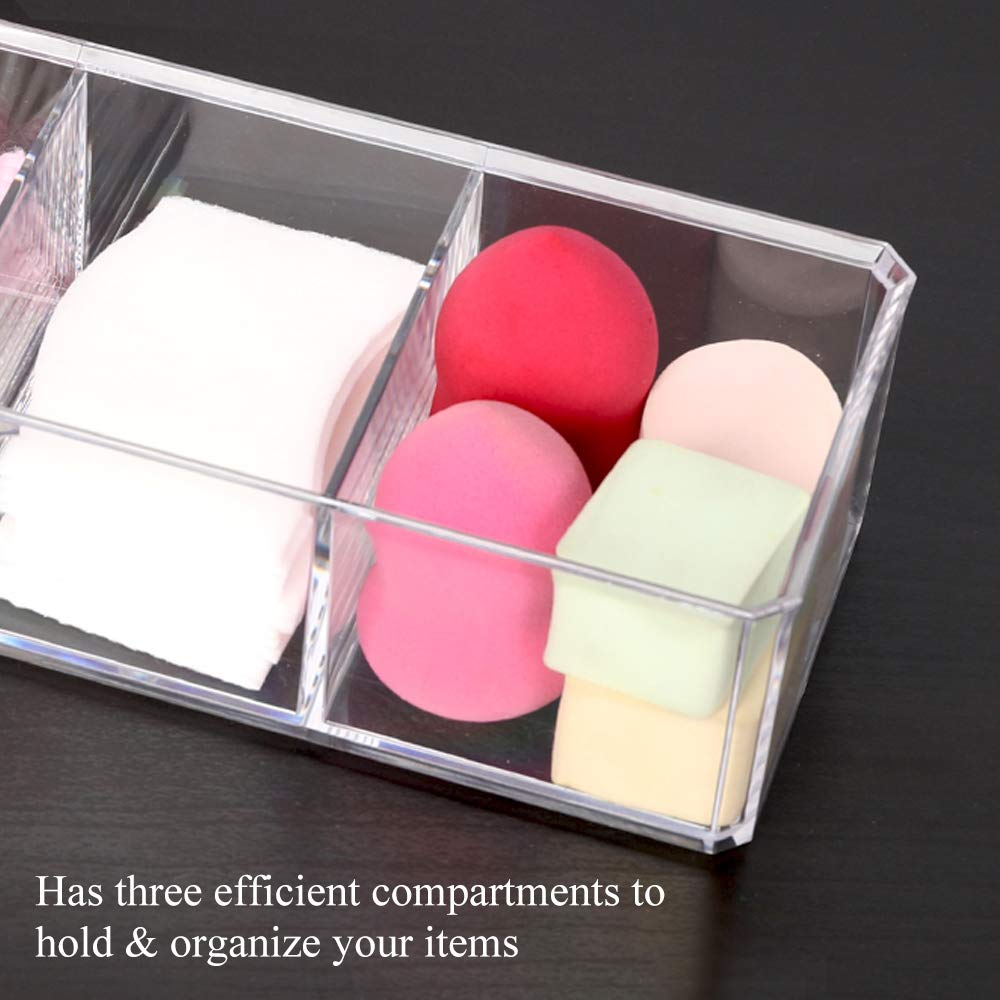 Acrylic Cotton Ball & Swab Organizer - 3 Compartment Dustproof Container for Makeup & Cosmetics - Bathroom & Vanity Storage