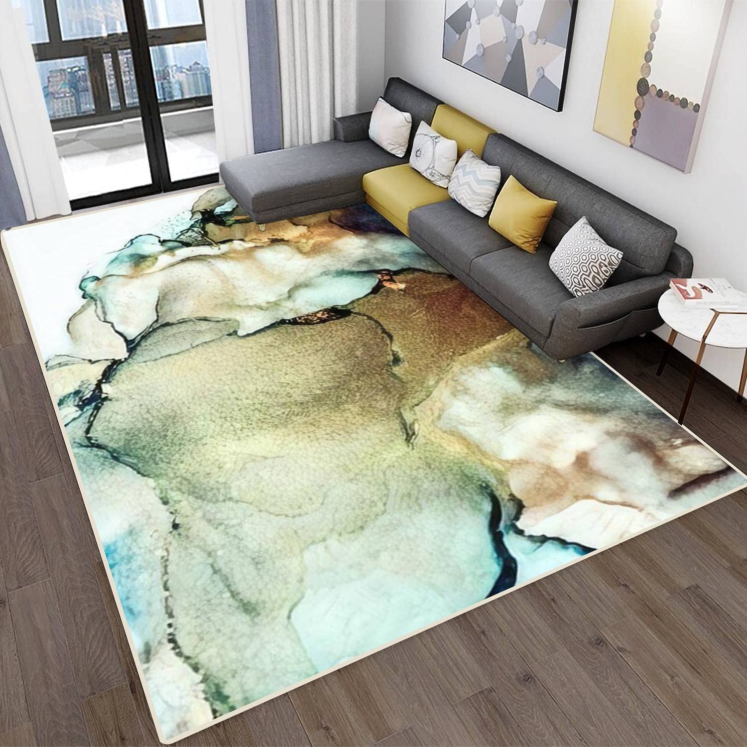 Modern Abstract Area Rugs for Living Room, Kitchen, Bedroom - Stain Resistant Non-Slip Carpet Mat with Exotic Nature Ocean Wave Design - Perfect for Home Decor, Bathroom & High Traffic Areas