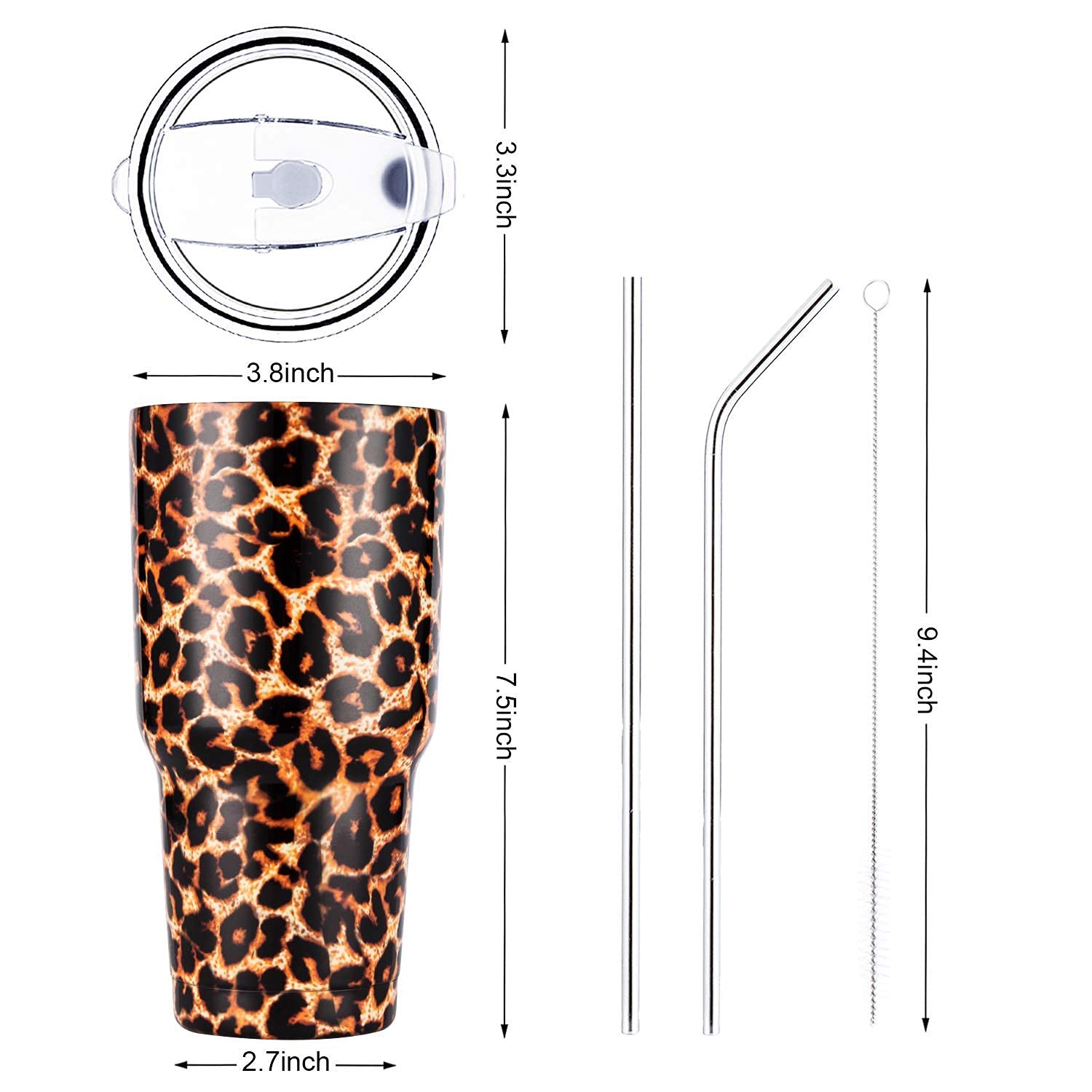 30oz Leopard Print Stainless Steel Tumbler with Straw & Cleaning Brush - Insulated Travel Mug for Hot & Cold Drinks - Perfect for Gym, Office, Hiking and Outdoor Activities
