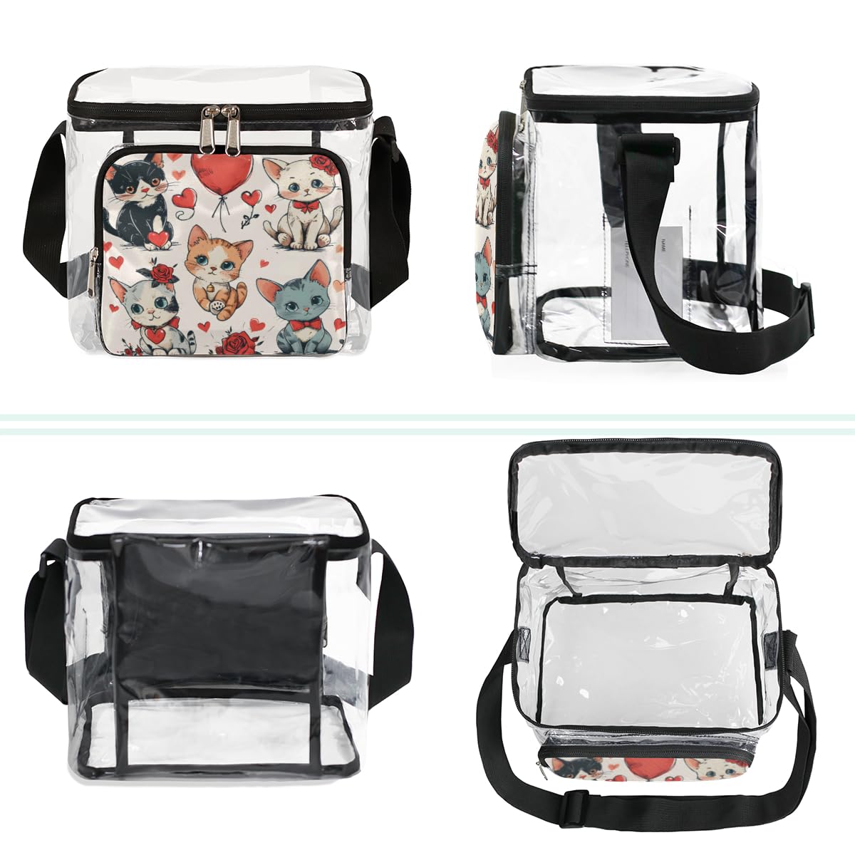 GzLeyigou Clear Transparent Tote Bag with Handles - Cute Cat & Rose Design Crossbody Shoulder Bag for Women | Perfect for Valentine's Day, Lunch, Outdoor Travel, Picnic, Concerts & Sports Events | Stadium Approved Multipurpose Purse