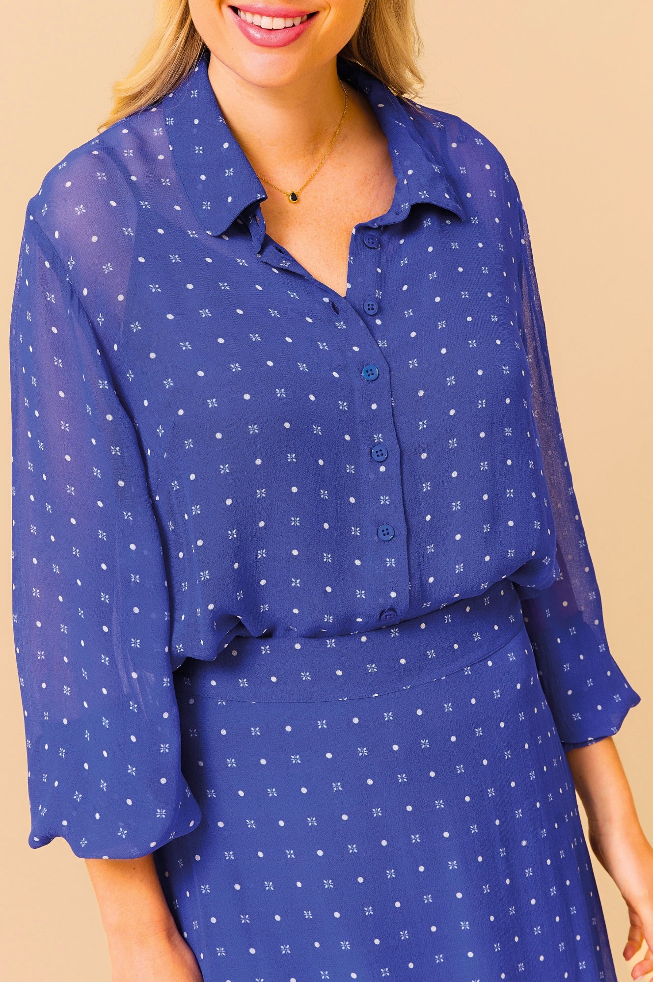 Ffion Women's Polka Dot Cobalt & White Blouse - Stylish Casual Shirt for Work, Date Night & Spring Outfits