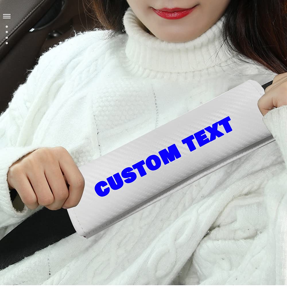 Yajomi 2-Pack Universal Car Seat Belt Covers - Soft White 4D Carbon Fiber Shoulder Strap Pads for 99% Vehicles | Comfortable Safety Belt Cushions with Custom Text | Perfect for Long Drives, Road Trips & Daily Commute