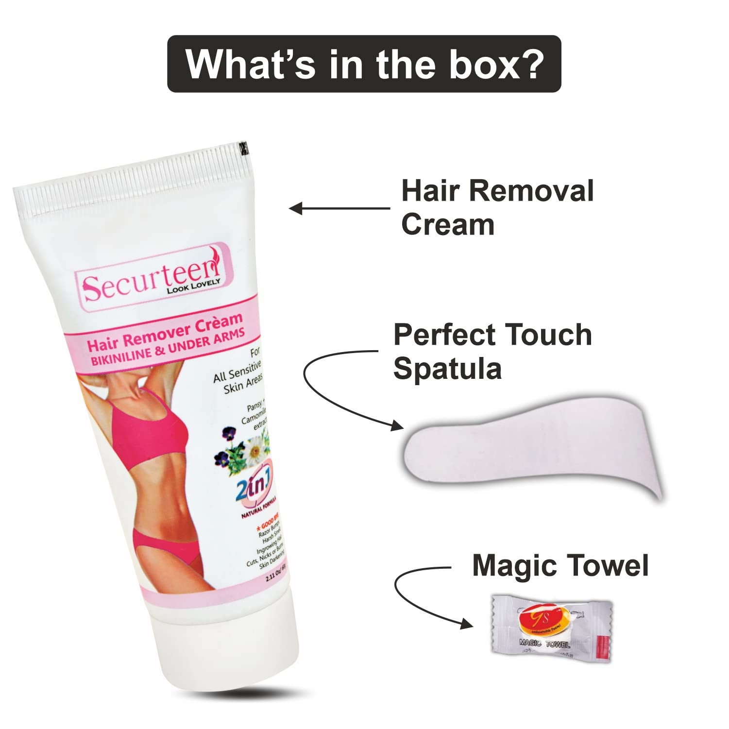 Securteen ISO Certified Hair Removal Cream with Pansy & Chamomile Extract - Gentle Formula for Sensitive Skin | Bikini Line & Underarm Hair Remover | 60g | Perfect for At-Home Smoothing & Pre-Vacation Prep
