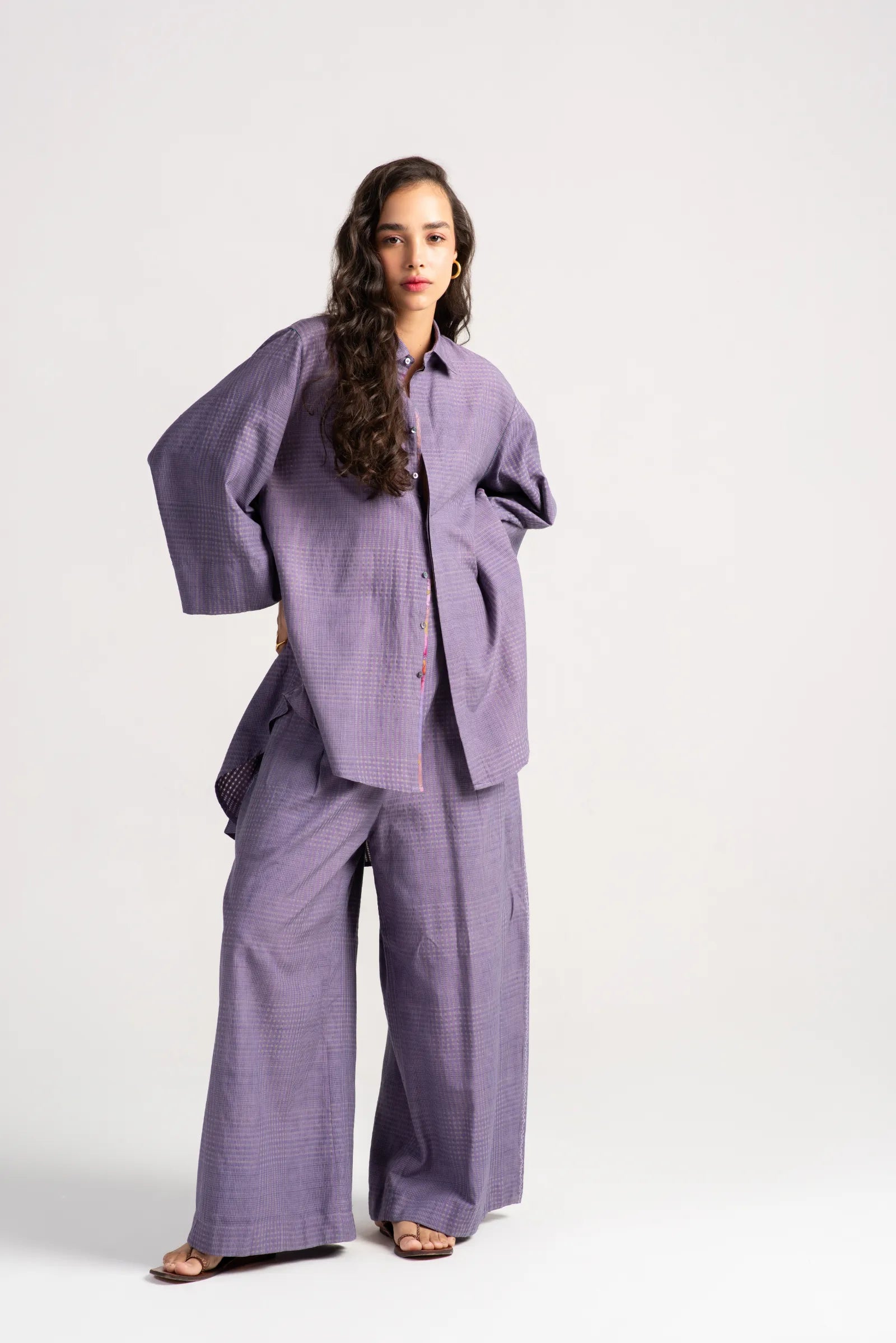 Pakhi Women's Cotton Silk Checkered Trousers in Lilac - Comfortable & Stylish Pants for Work, Travel & Casual Wear