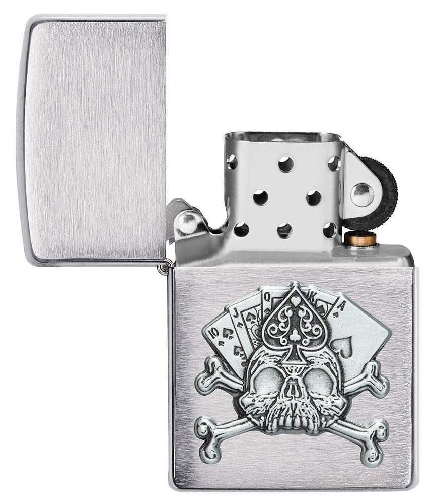 Zippo Brushed Chrome Pocket Lighter with Skull Emblem - Windproof Refillable Metal Lighter for Outdoor Camping, Hiking & Everyday Carry (One Size)
