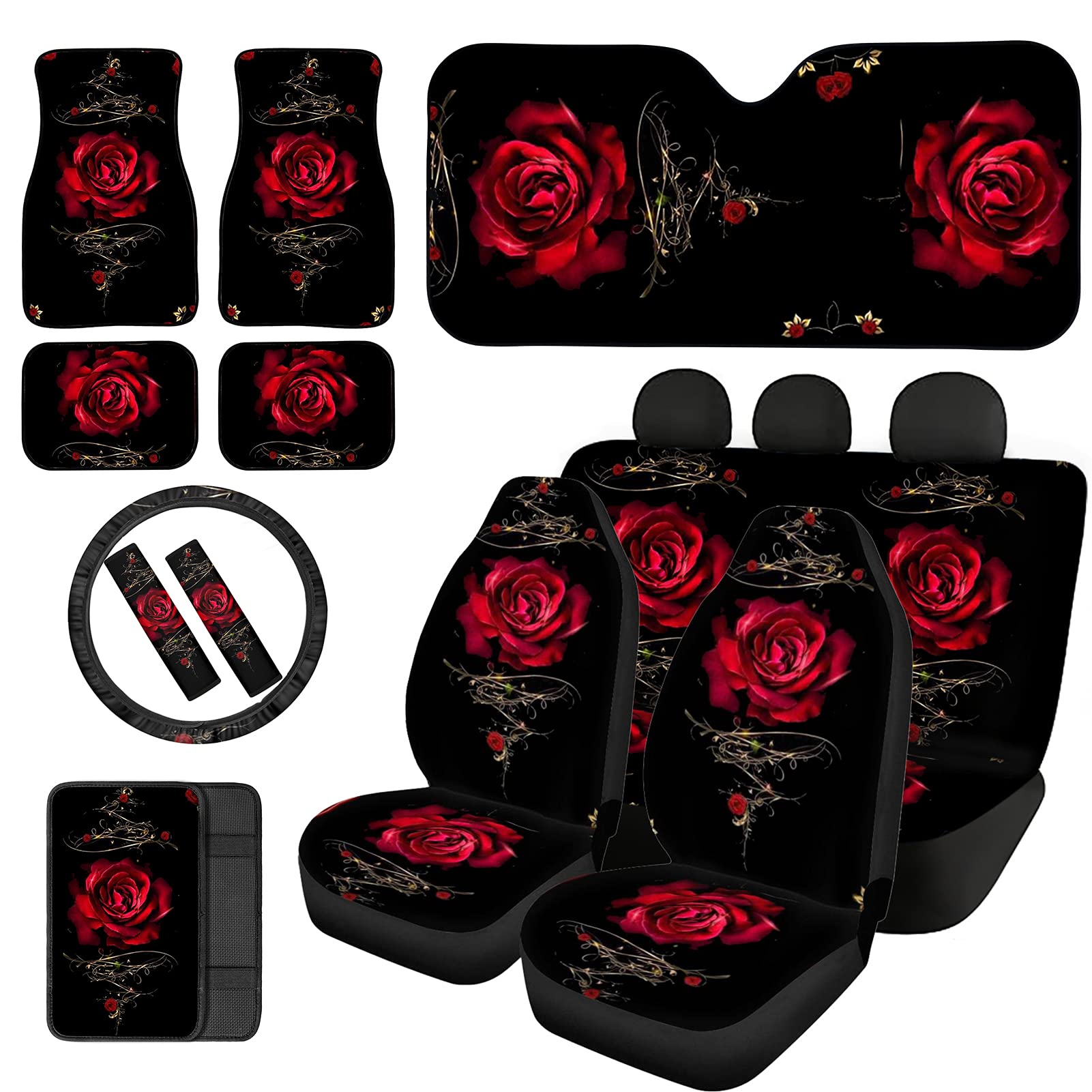 Belidome Rose Car Seat Covers for Women - 13 in 1 Set with Armrest Console Cover, Seatbelt Pads & Floor Mats | Universal Fit for Most Vehicles | Perfect for Daily Commute, Road Trips & Car Interior Protection