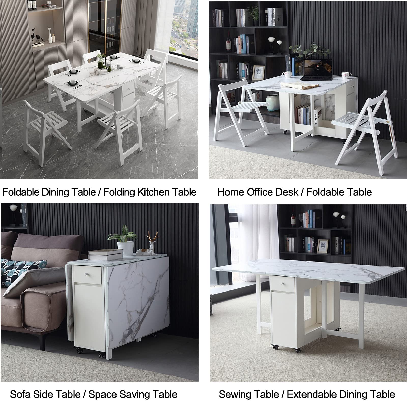 FUNROLUX White Folding Dining Table with Rack & 2 Storage Drawers - Extendable Space Saving Kitchen Table with 3 Adjustable Forms | Perfect for Small Apartments, Studio Kitchens & Compact Living Spaces