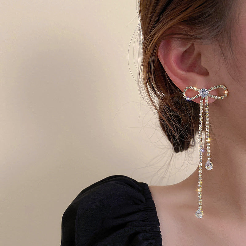 Elegant Silver Needle Long Bow Tie Stud Earrings for Women - Sparkling Full Jeweled Design - Perfect for Parties, Weddings & Special Occasions