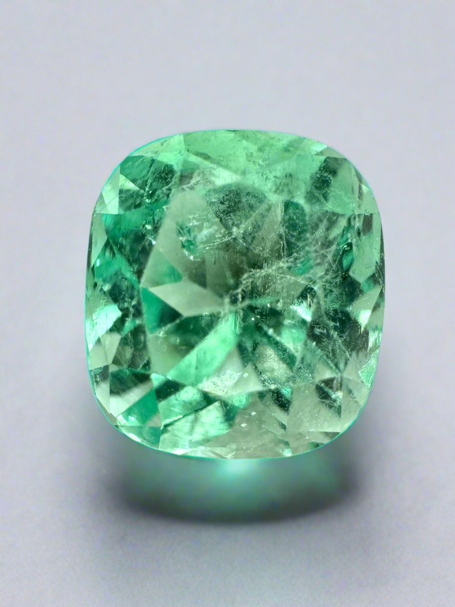 3.42 Carat Natural Colombian Emerald Loose Gemstone - Cushion Cut, Light Yellowish Green, Lustrous | Perfect for Jewelry Making, Engagement Rings & Collector's Gems