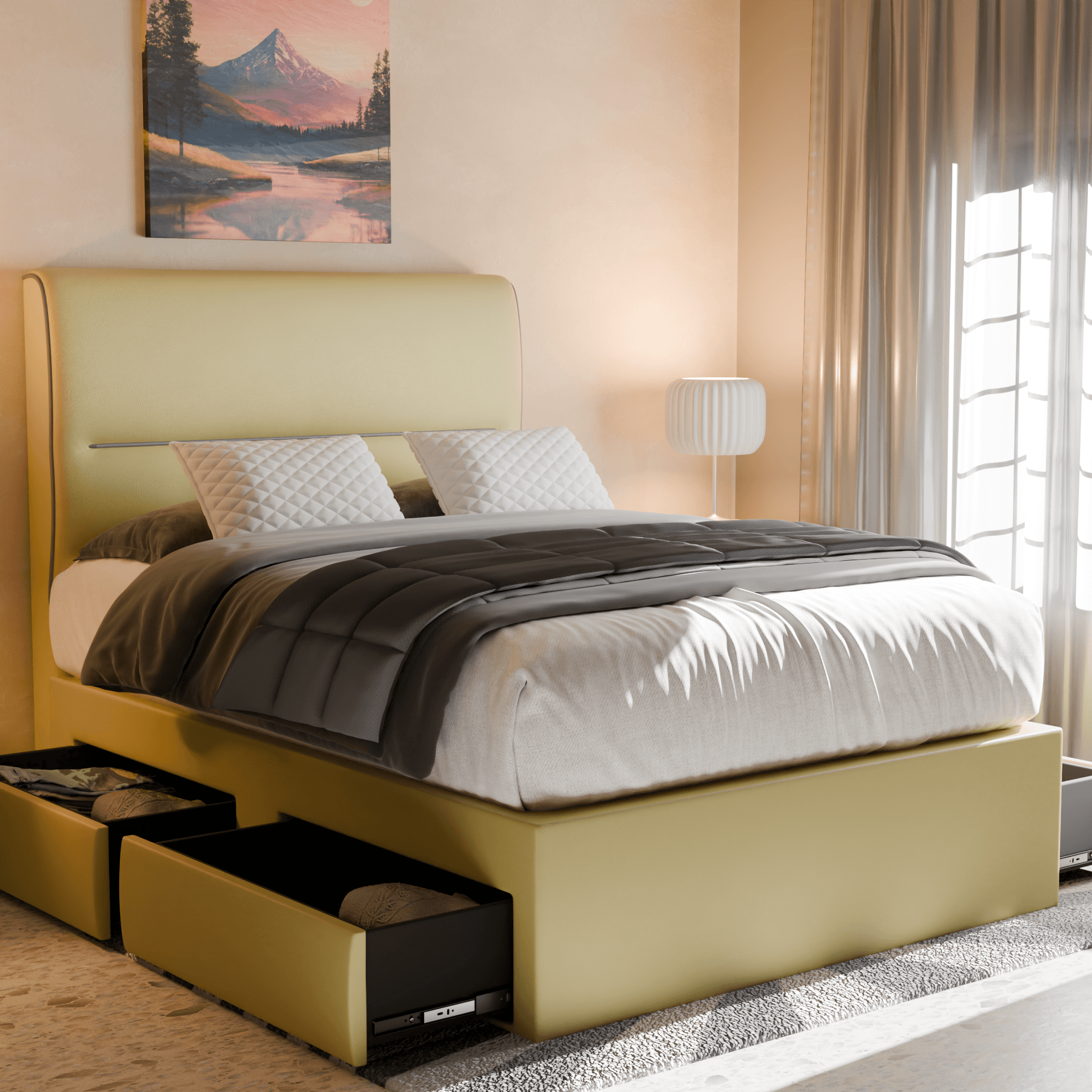 Emilia Faux Leather Upholstered Storage Bed with Drawers - Queen Size Platform Bed Frame for Modern Bedrooms | Perfect for Small Spaces & Guest Rooms