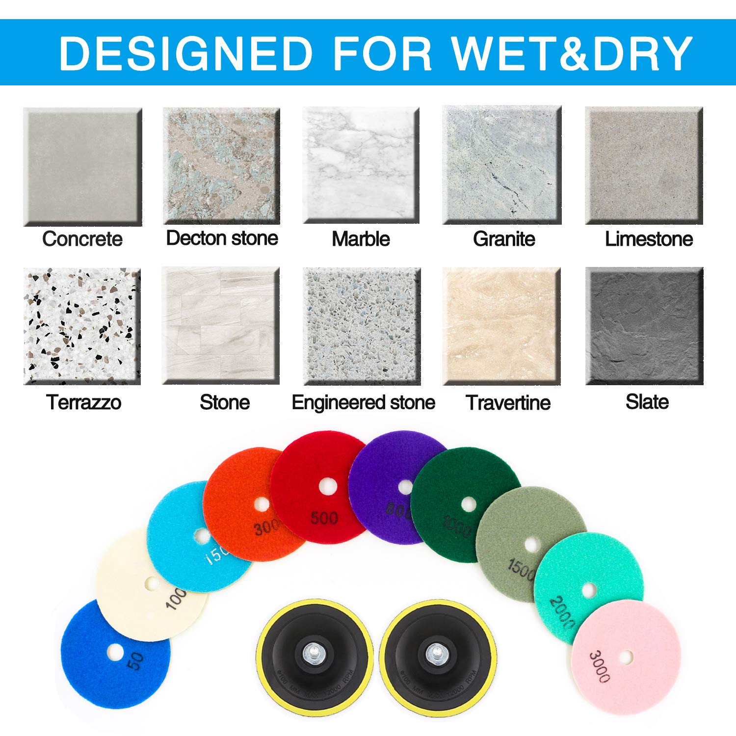3 Inch Diamond Polishing Pads Set - 10pcs Wet/Dry Polishing Kit (50#-3000# Grit) with 2 Hook & Loop Backer Pads for Granite, Marble, Concrete - Perfect for Floor Grinders, Polishers & Stone Restoration Projects (12 Pack)
