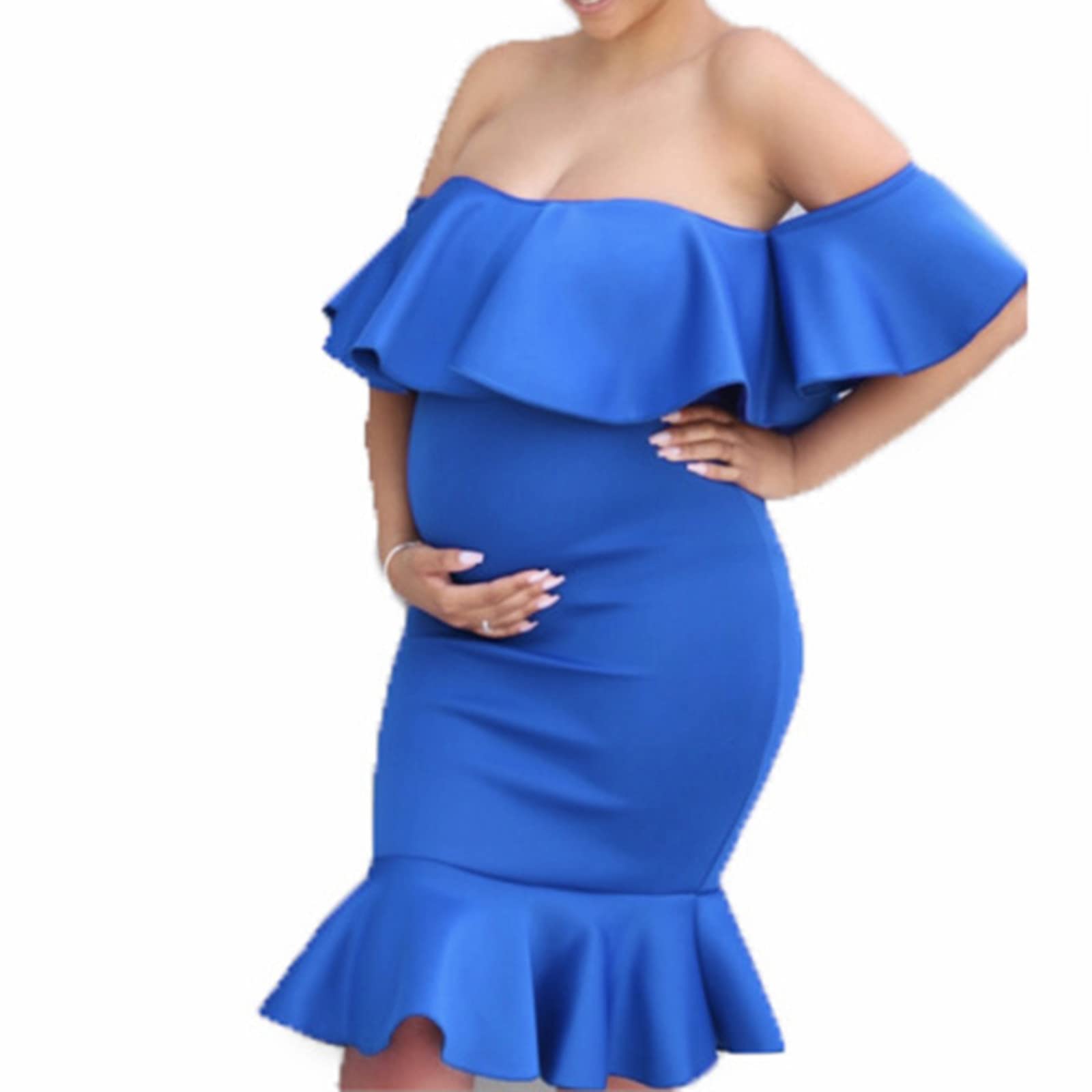 Elegant Off-Shoulder Ruffle Maternity Dress for Women - Summer Solid Color Bodycon Mermaid Gown for Baby Showers, Pregnancy Photos & Special Occasions