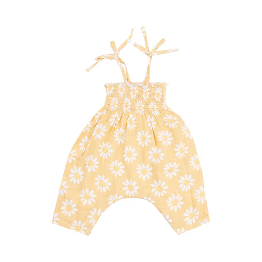 Muslin Smocked Romper for Baby Girls - Yellow Mod Daisy Print | Soft Cotton Summer Outfit for Newborn & Toddler | Perfect for Playdates, Beach Trips & Photo Shoots
