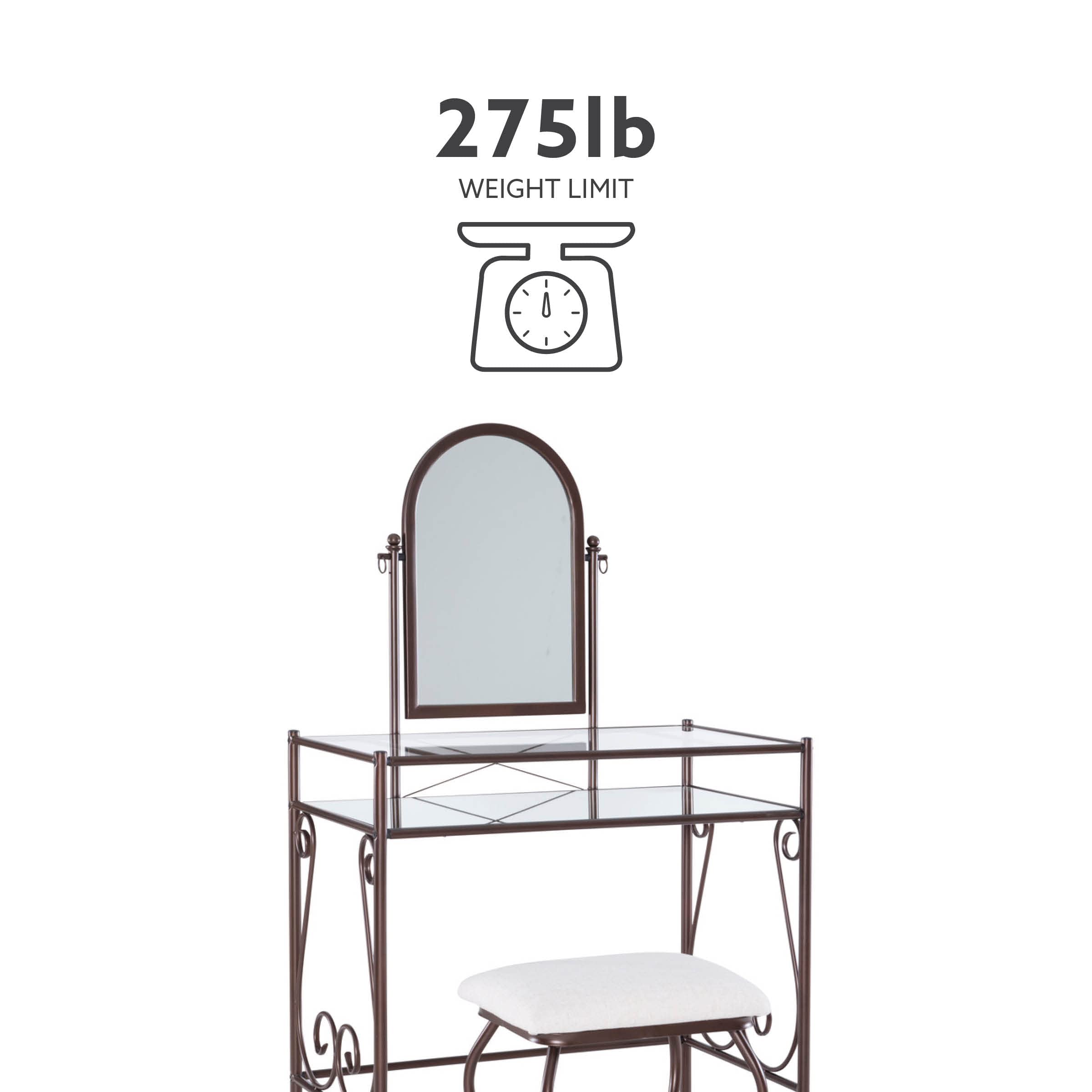 Linon Clarisse Vanity Set - Dark Metal Dressing Table with Upholstered Stool, 52.4 x 31.8 x 18.3 Inches - Perfect for Bedroom Makeup & Jewelry Organization