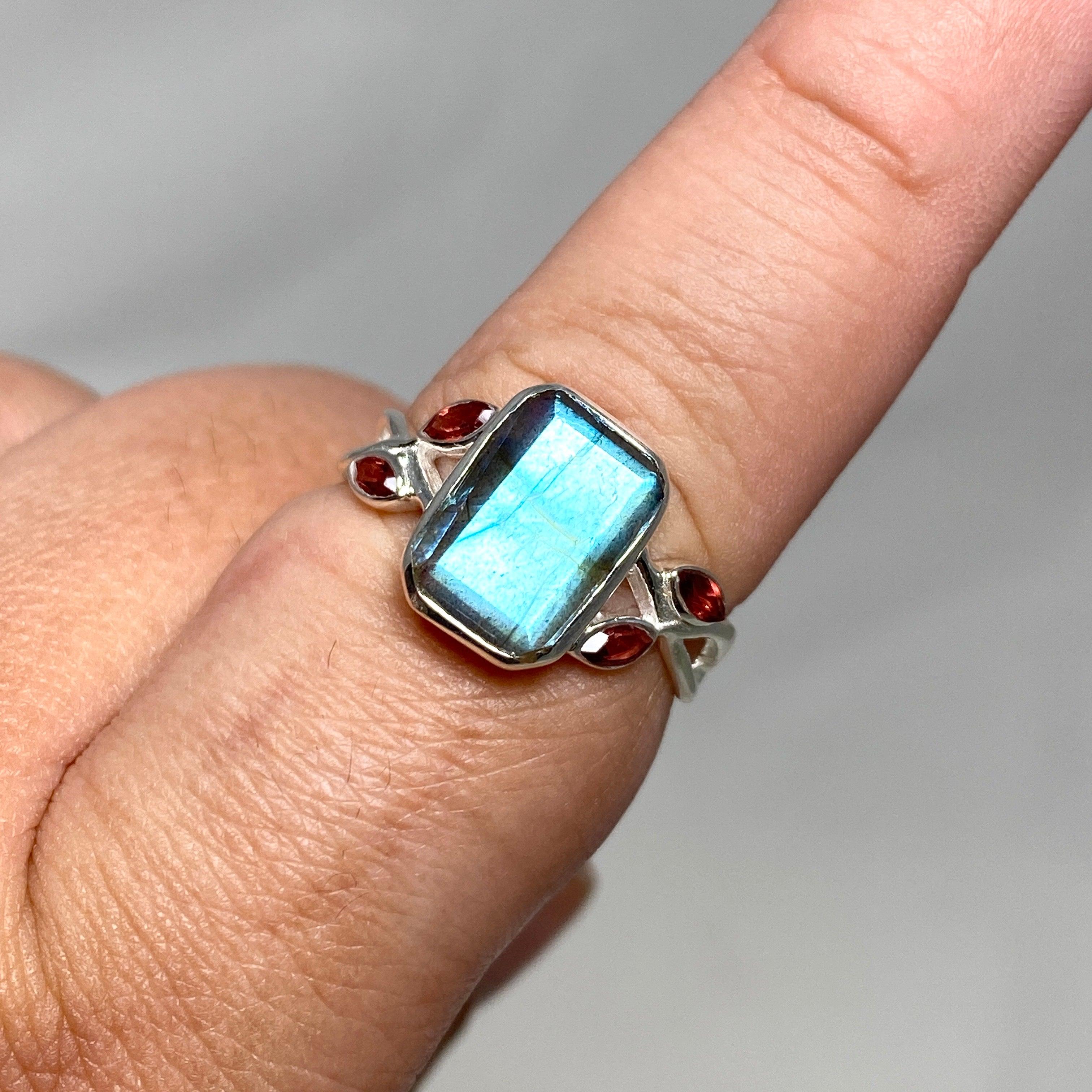 Labradorite Faceted Rectangular Multistone Ring with Botanical Details R3806 - Elegant Gemstone Jewelry for Women, Perfect for Weddings, Parties & Special Occasions