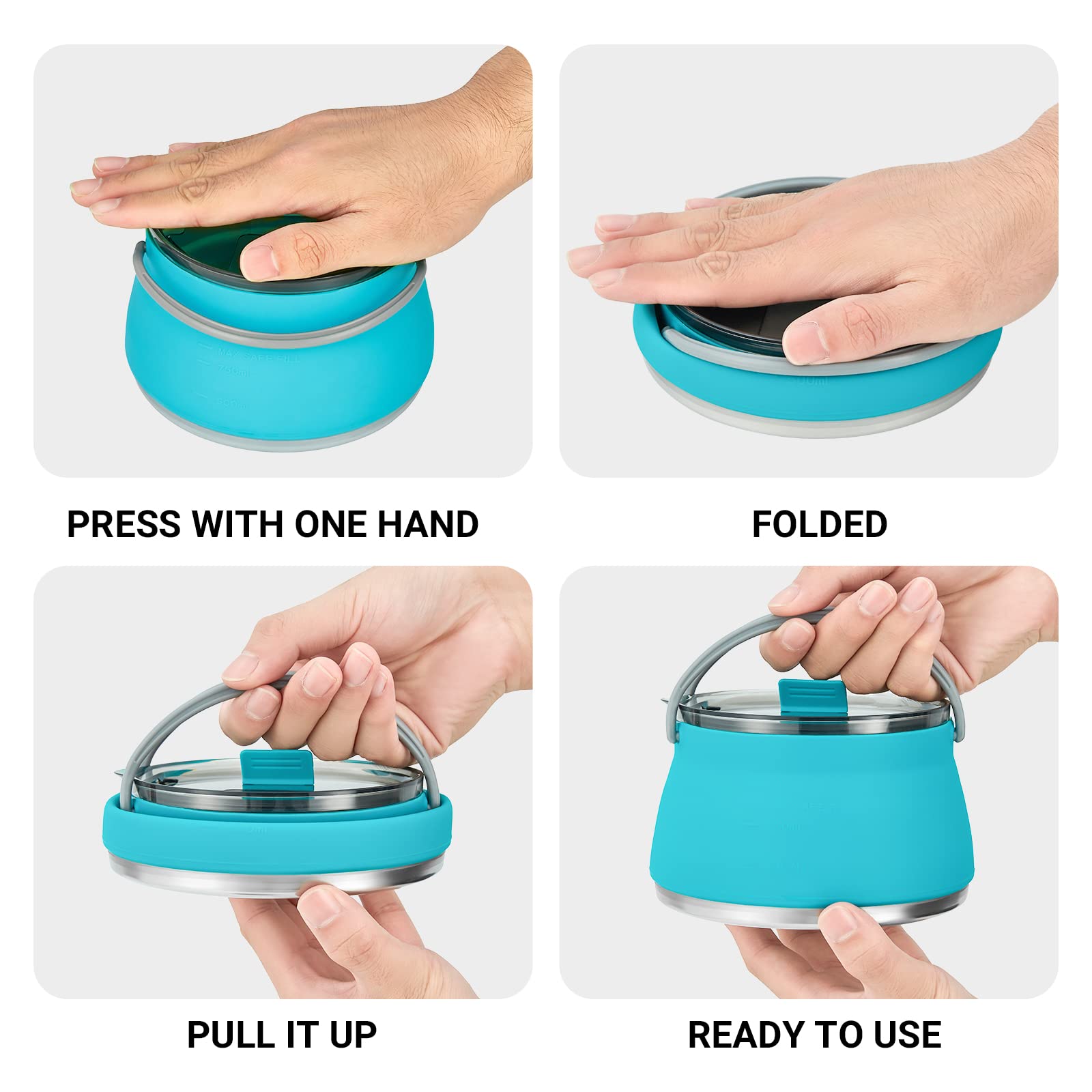 EEZEE Collapsible Camping Kettle - 1L Portable Silicone Travel Kettle with Lid & Blue Bowl - BPA-Free Foldable Water Boiler for Backpacking, Hiking & Outdoor Adventures - Compact Cook Pot for Camping, Picnics & Emergency Preparedness