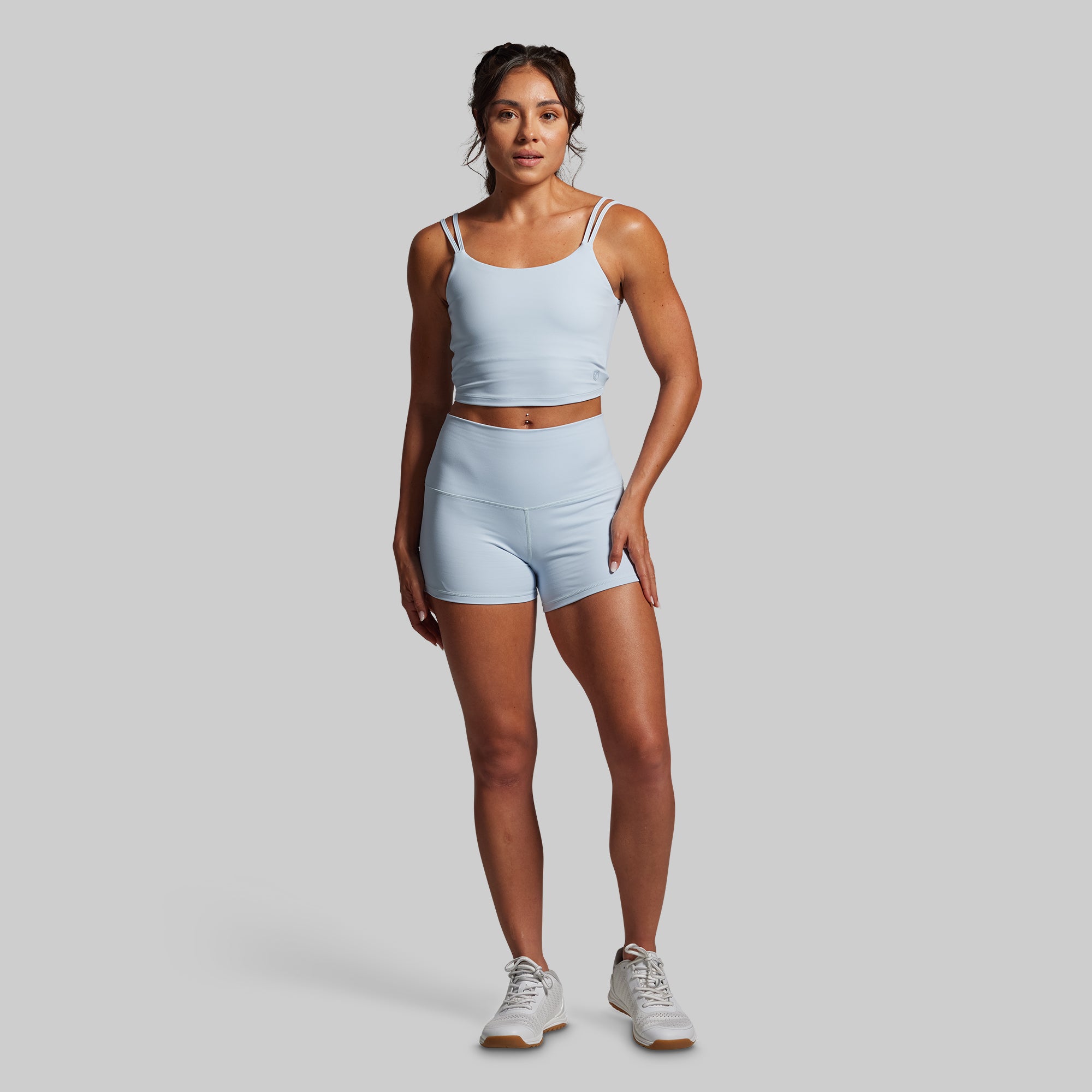 New Heights Booty Short Set - High Waisted Workout Shorts for Women | Chambray Blue Gym Shorts for Running, Yoga & Fitness | Trendy Activewear