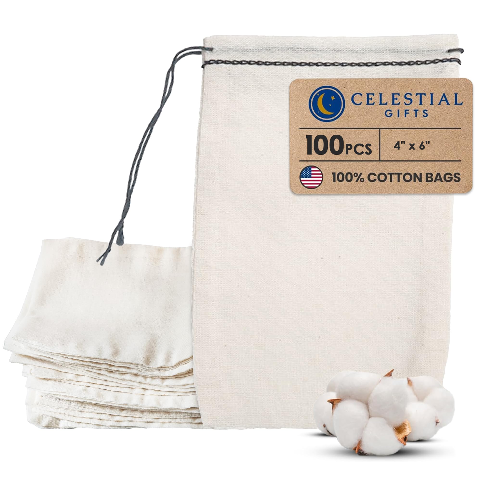 Premium 100% Cotton Muslin Drawstring Bags - 4x6 Inch Medium Size (100pcs) - Reusable Tea Bags, Jewelry Pouch & Spice Sachet Gift Bags - Made in USA - Black Hem & Drawstring - Perfect for Wedding Favors, Party Gifts & DIY Crafts