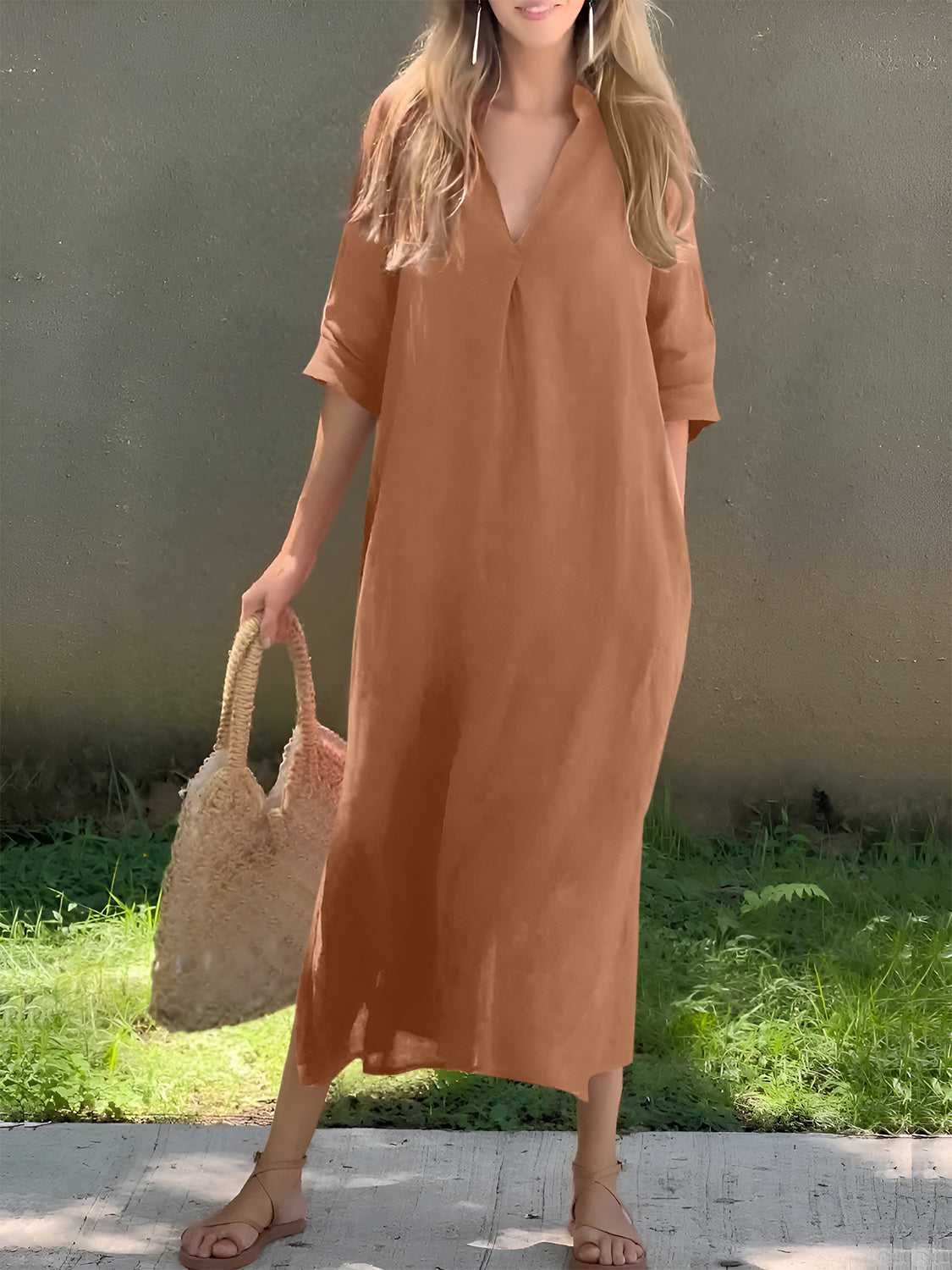 Stylish Full Size Notched Half Sleeve Midi Resort Dress for Women - Perfect for Beach Vacations, Summer Parties & Tropical Getaways