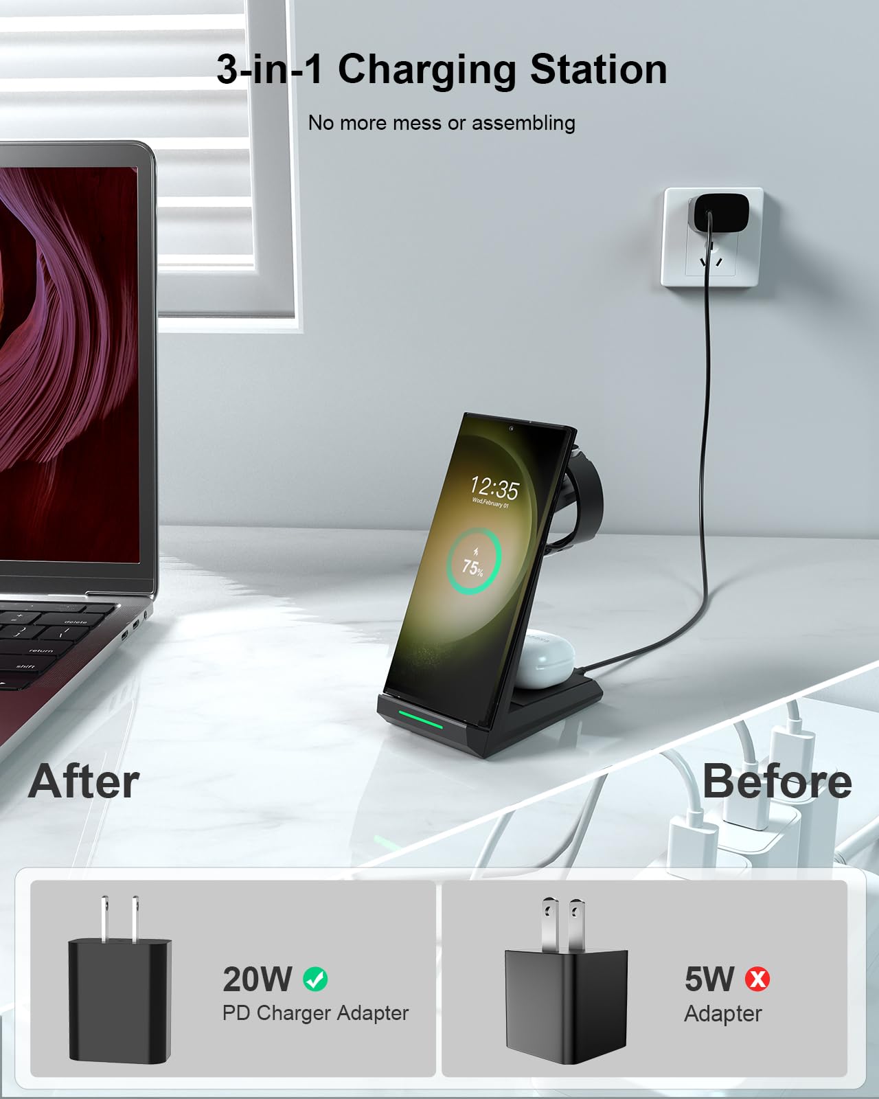 ADADPU 3-in-1 Fast Wireless Charging Station for Samsung Galaxy S25/S24/S23 Ultra/S22/S21/Z Flip/Fold 4, Galaxy Watch 6/5/4/3/Pro & Buds - Compact Charging Dock for Home, Office & Travel