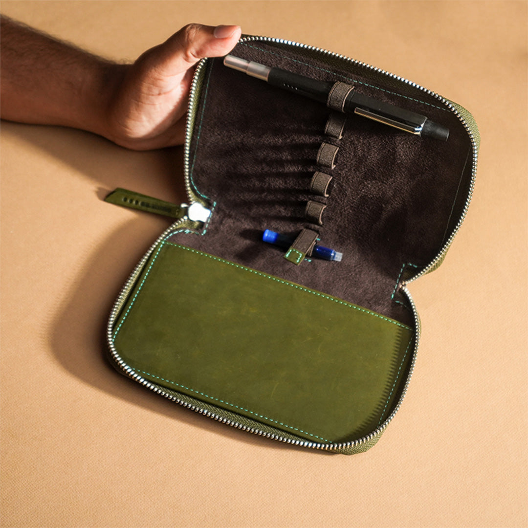 Premium Adjustable Leather Pen Pouch - Holds 5 Pens, Green - Perfect for Office, School & Travel Organization